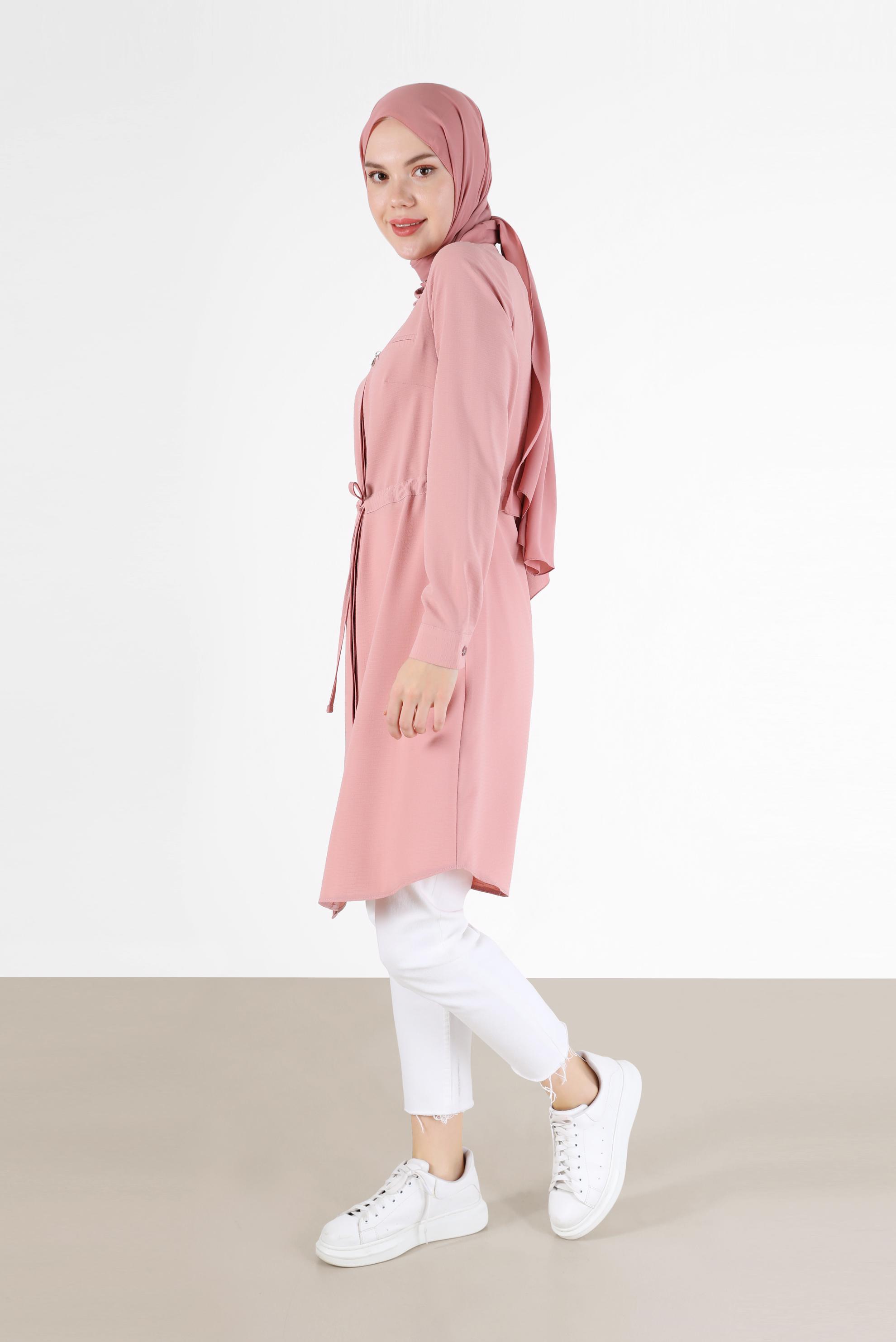 Tesettür giyim PUDRA BELİ BÜZGÜLÜ GİZLİ DÜĞMELİ TUNİK 42404 