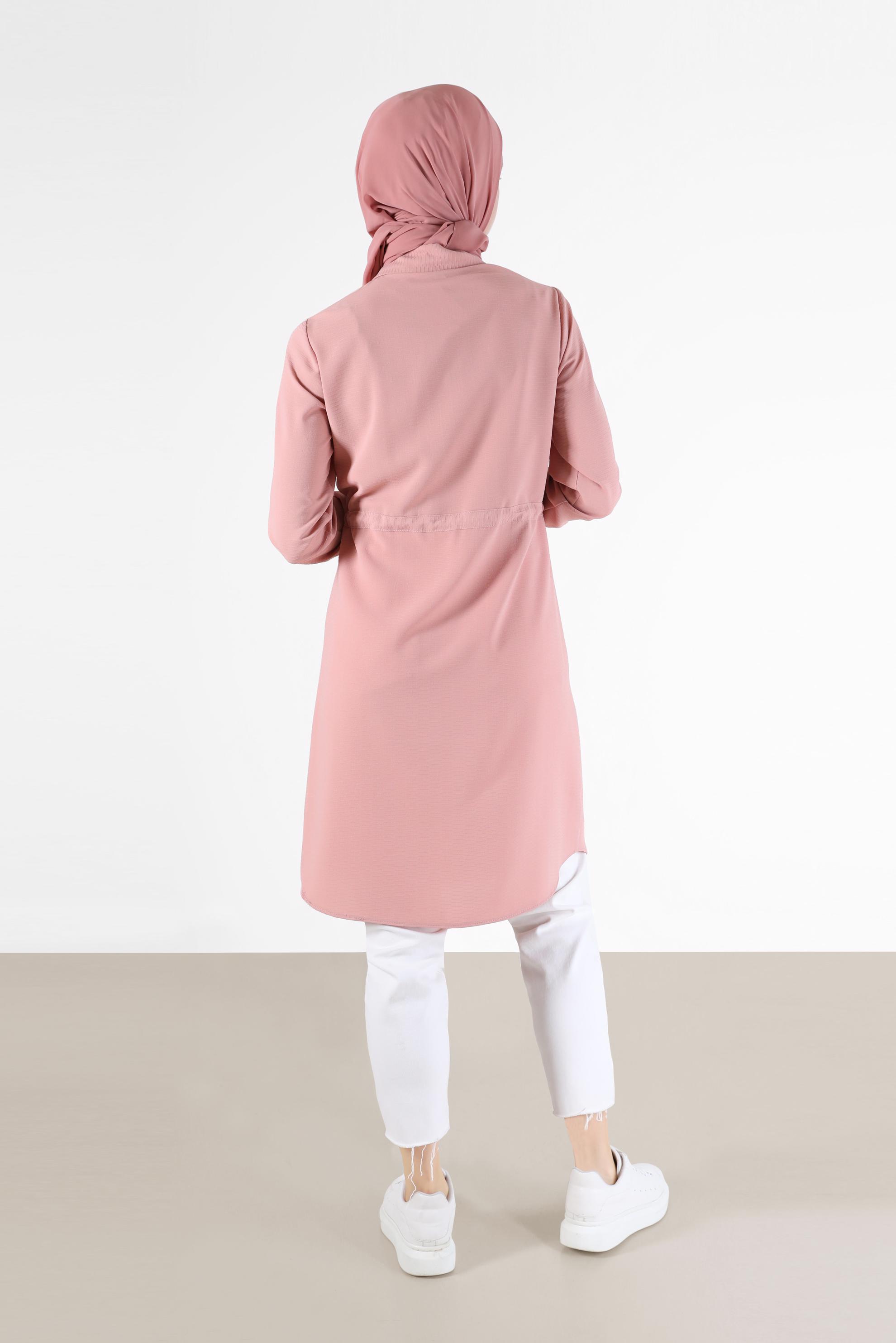 Tesettür giyim PUDRA BELİ BÜZGÜLÜ GİZLİ DÜĞMELİ TUNİK 42404 