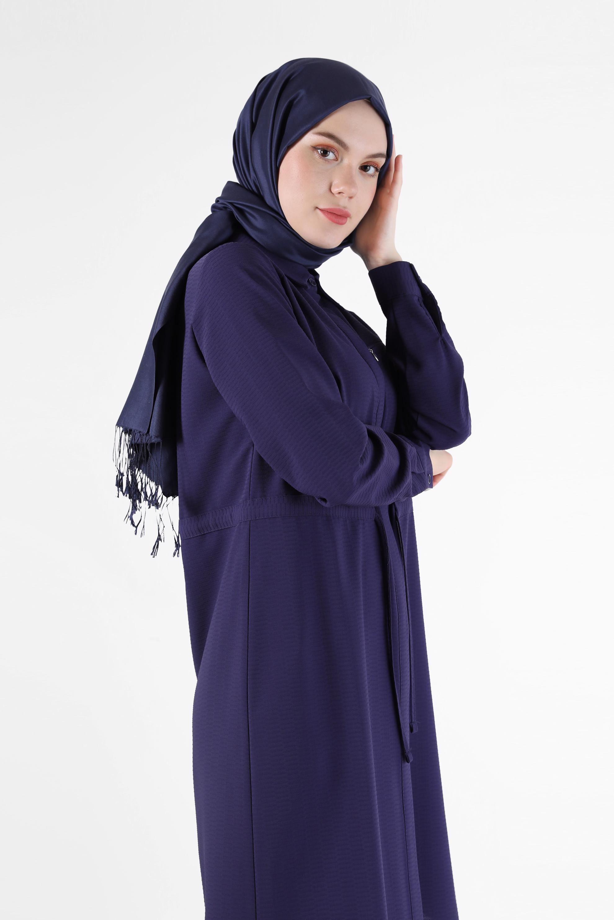 Tesettür giyim LACİVERT BELİ BÜZGÜLÜ GİZLİ DÜĞMELİ TUNİK 42404 