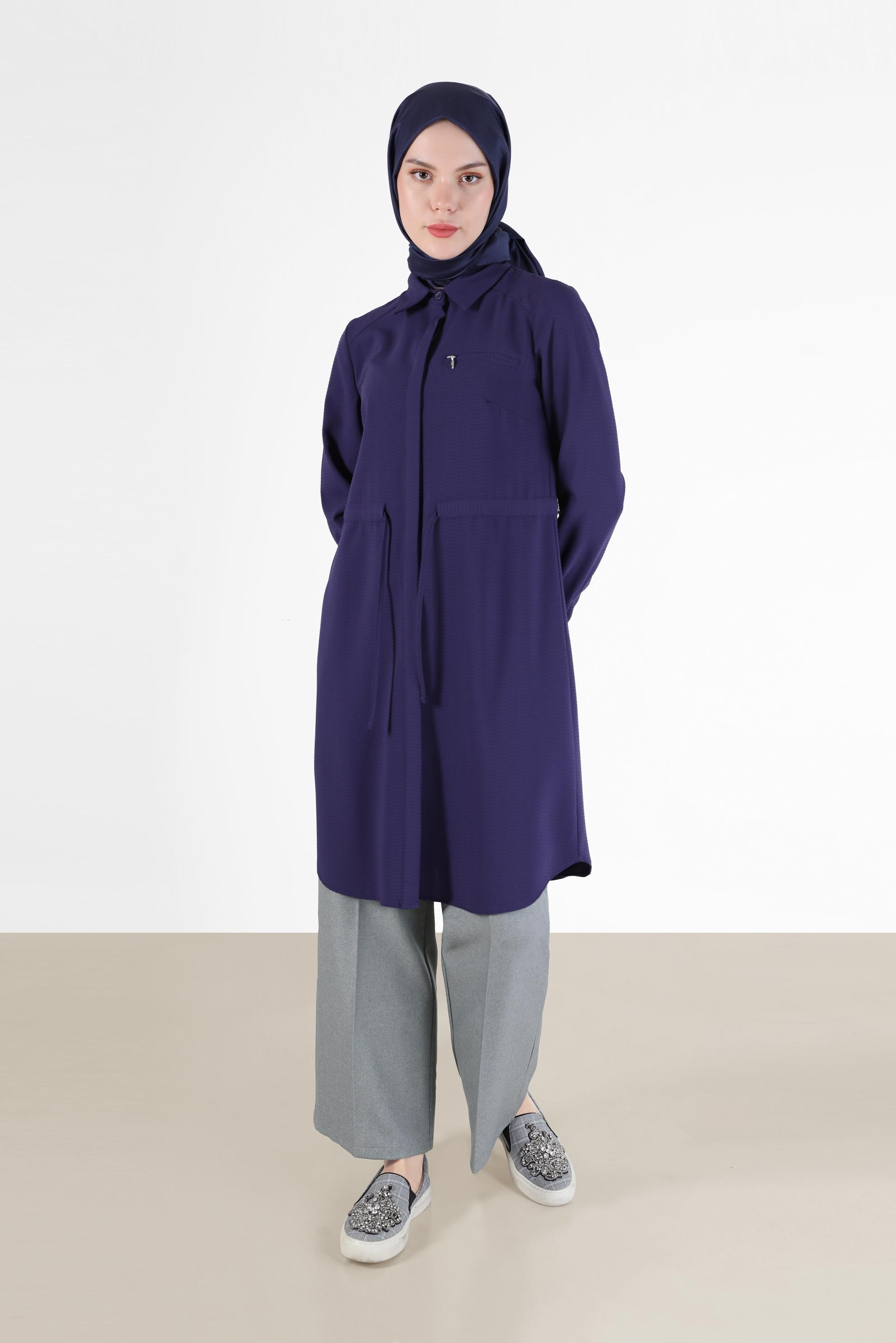 Tesettür giyim LACİVERT BELİ BÜZGÜLÜ GİZLİ DÜĞMELİ TUNİK 42404 