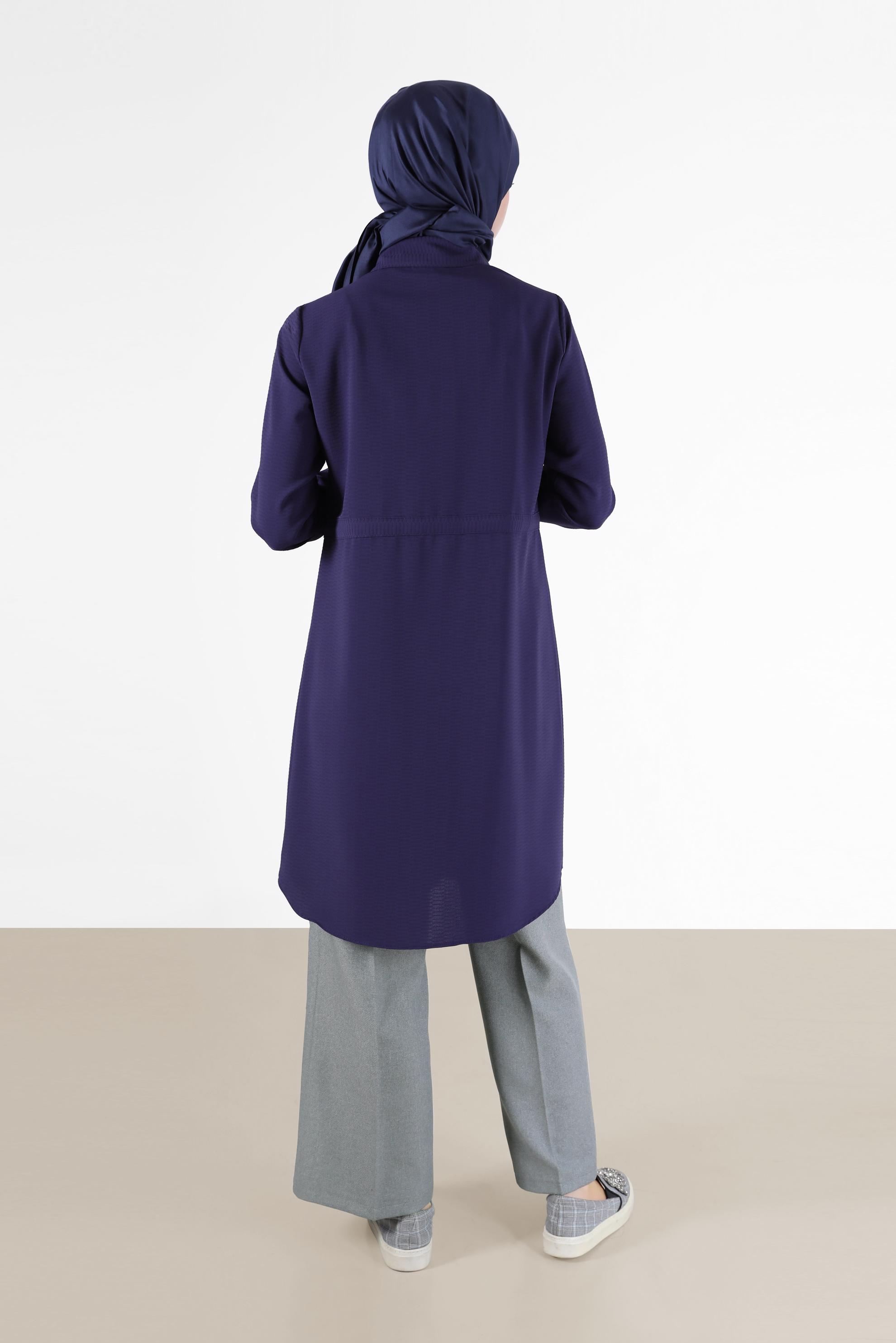 Tesettür giyim LACİVERT BELİ BÜZGÜLÜ GİZLİ DÜĞMELİ TUNİK 42404 