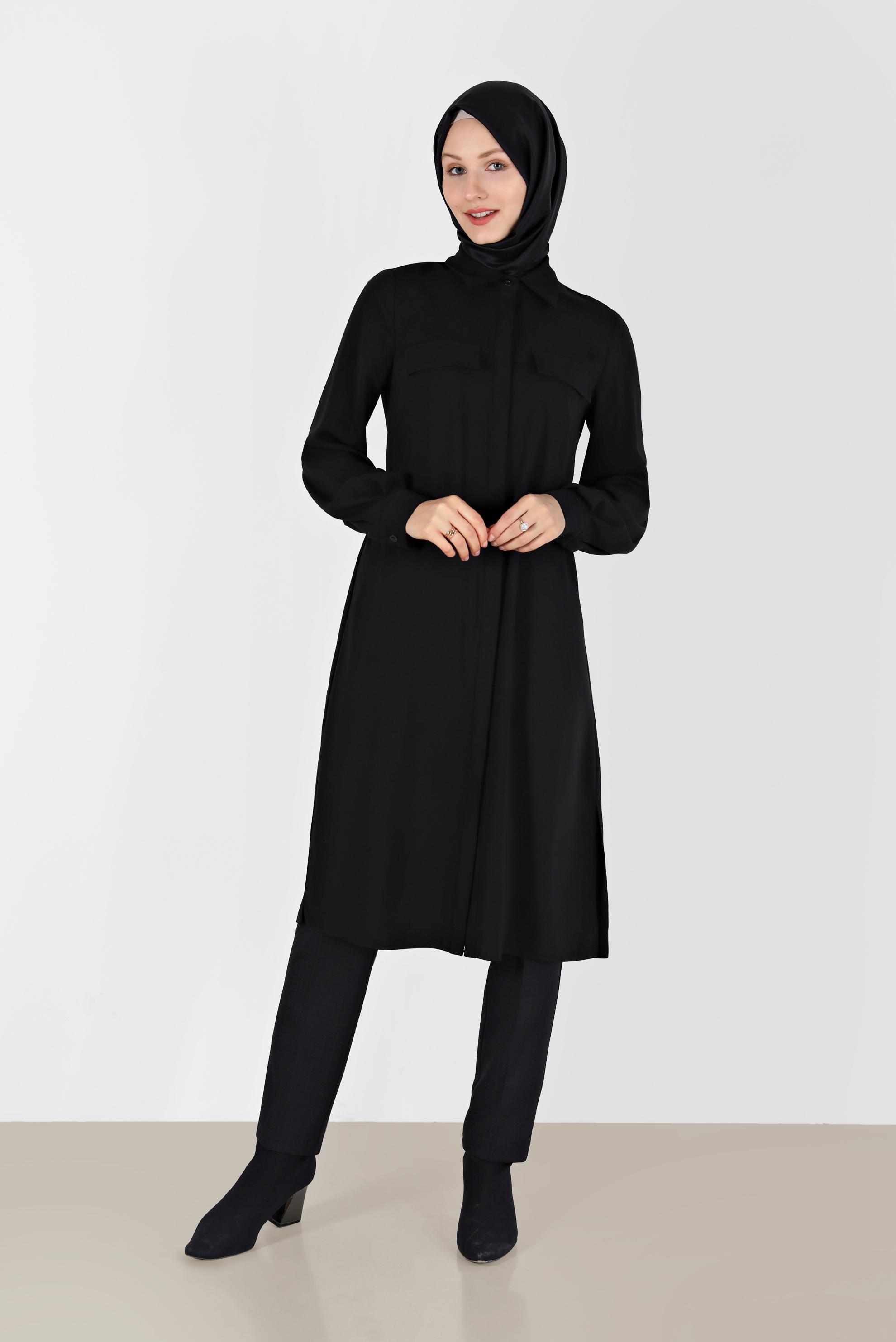 Tesettür giyim SİYAH CEP DETAYLI KEMERLİ TUNİK 42405 