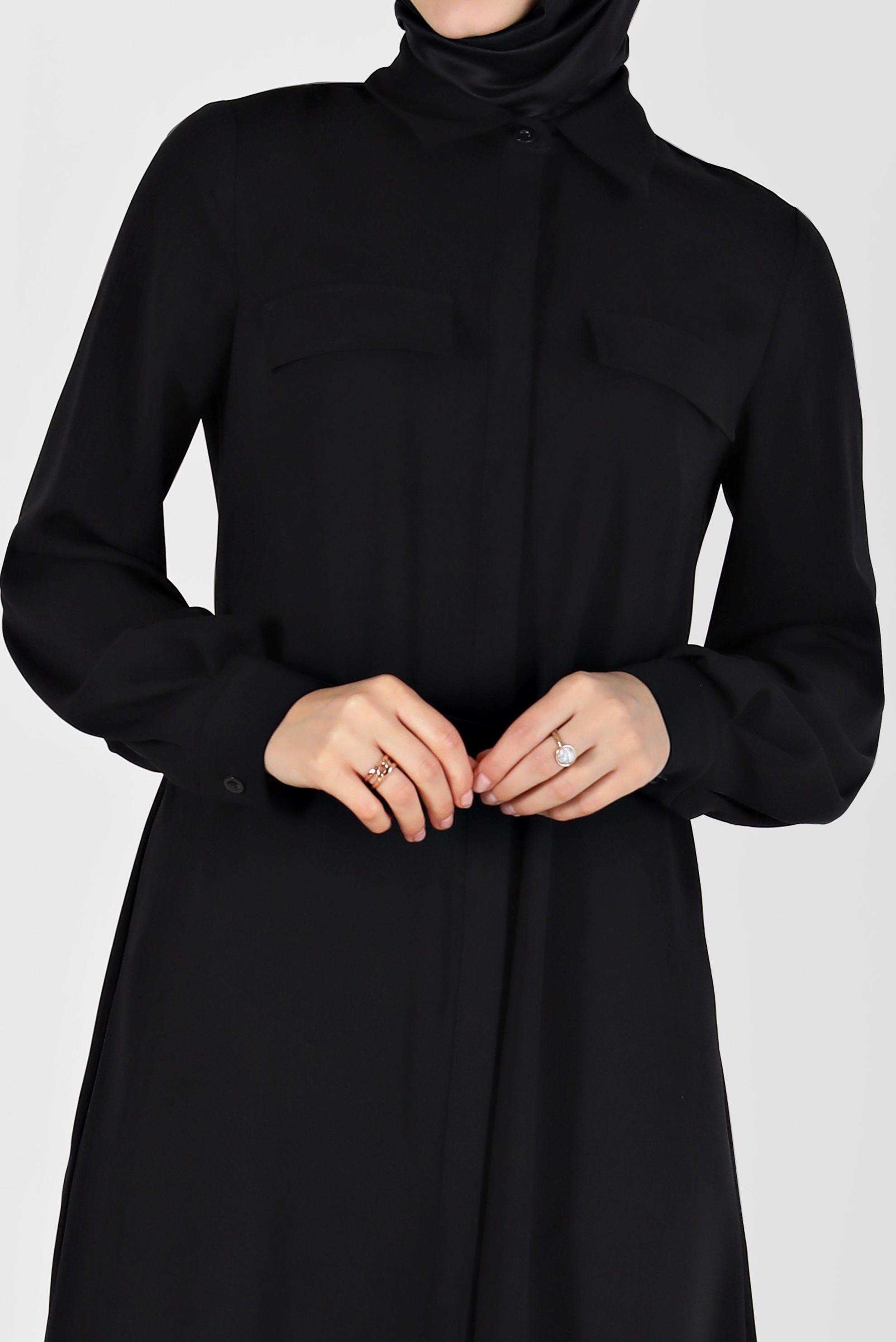 Tesettür giyim SİYAH CEP DETAYLI KEMERLİ TUNİK 42405 