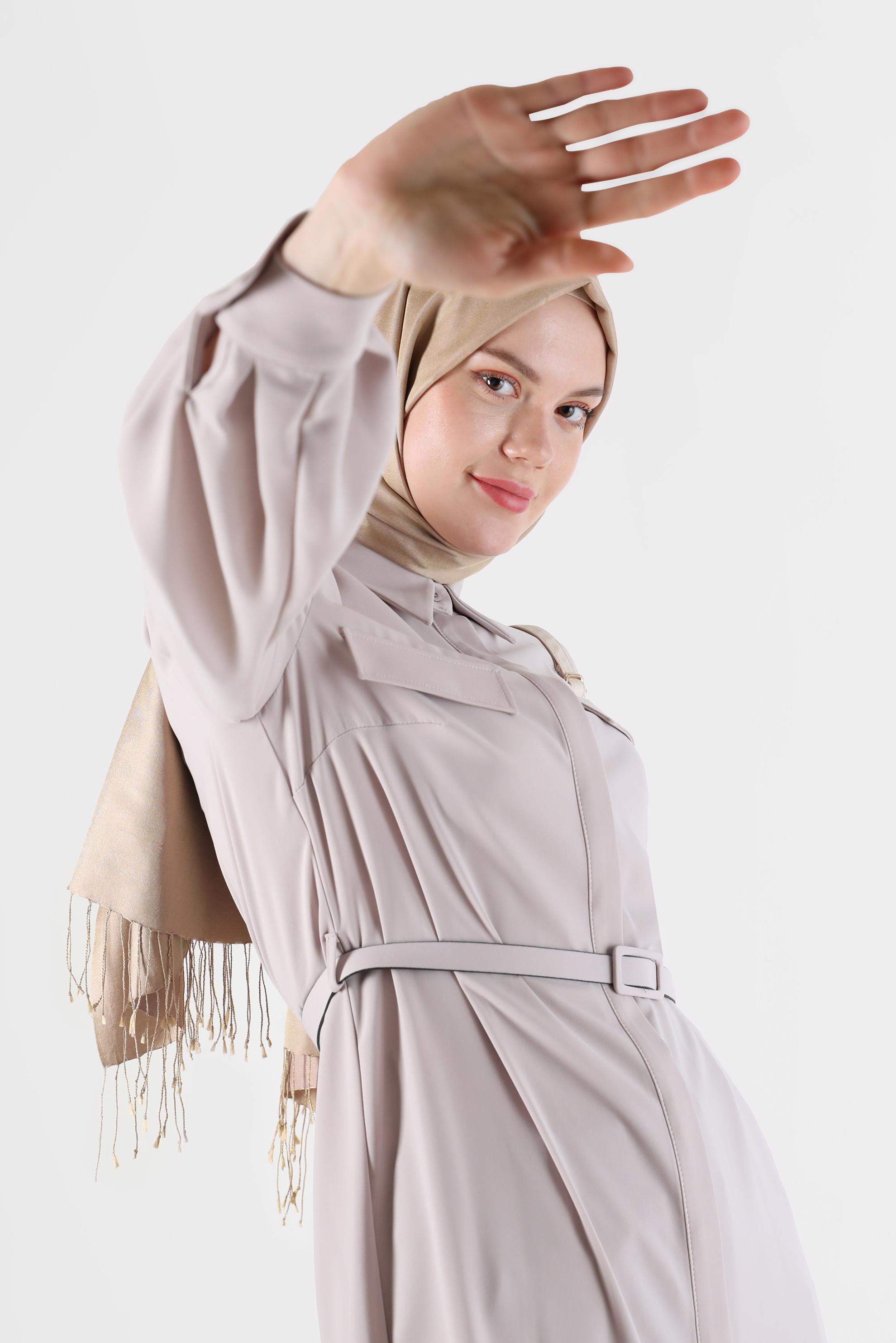 Tesettür giyim BEJ CEP DETAYLI KEMERLİ TUNİK 42405 