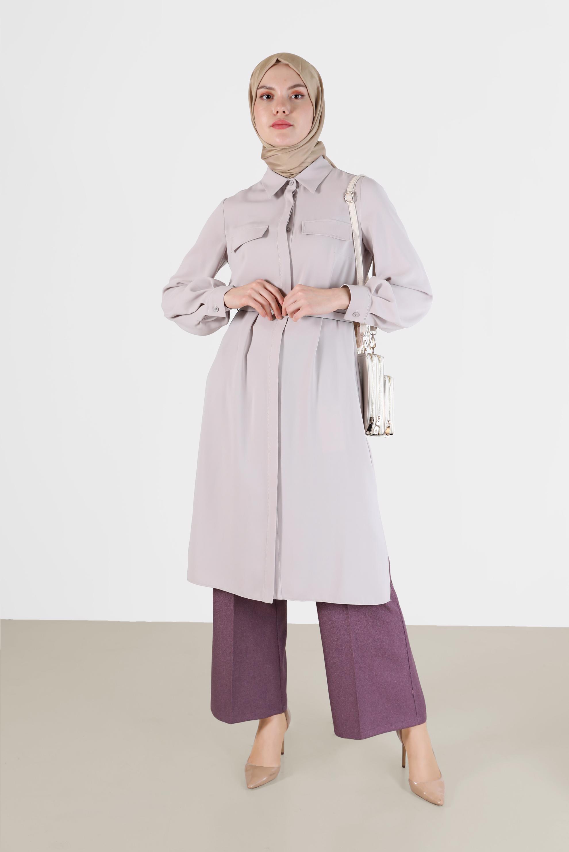 Tesettür giyim BEJ CEP DETAYLI KEMERLİ TUNİK 42405 