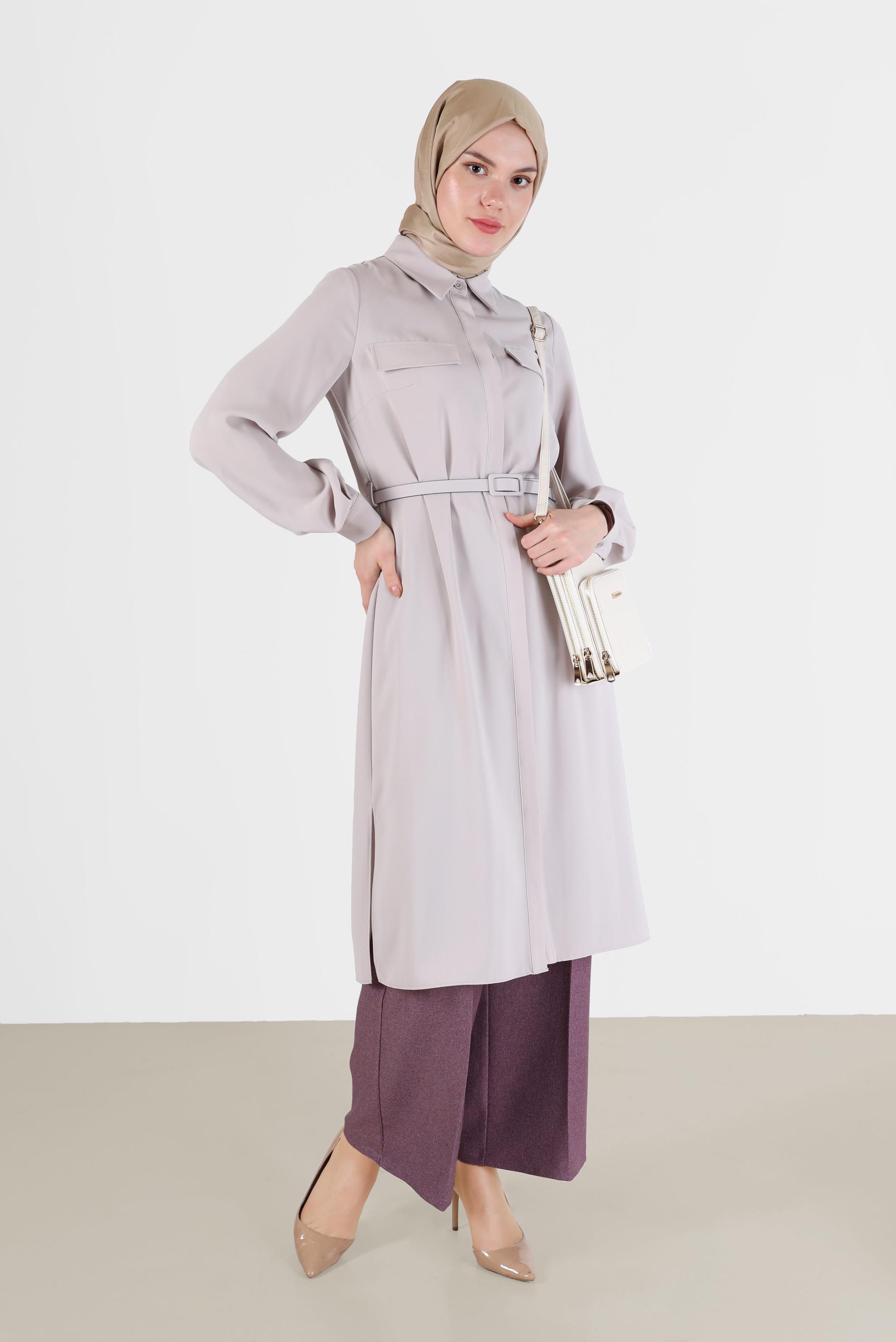 Tesettür giyim BEJ CEP DETAYLI KEMERLİ TUNİK 42405 