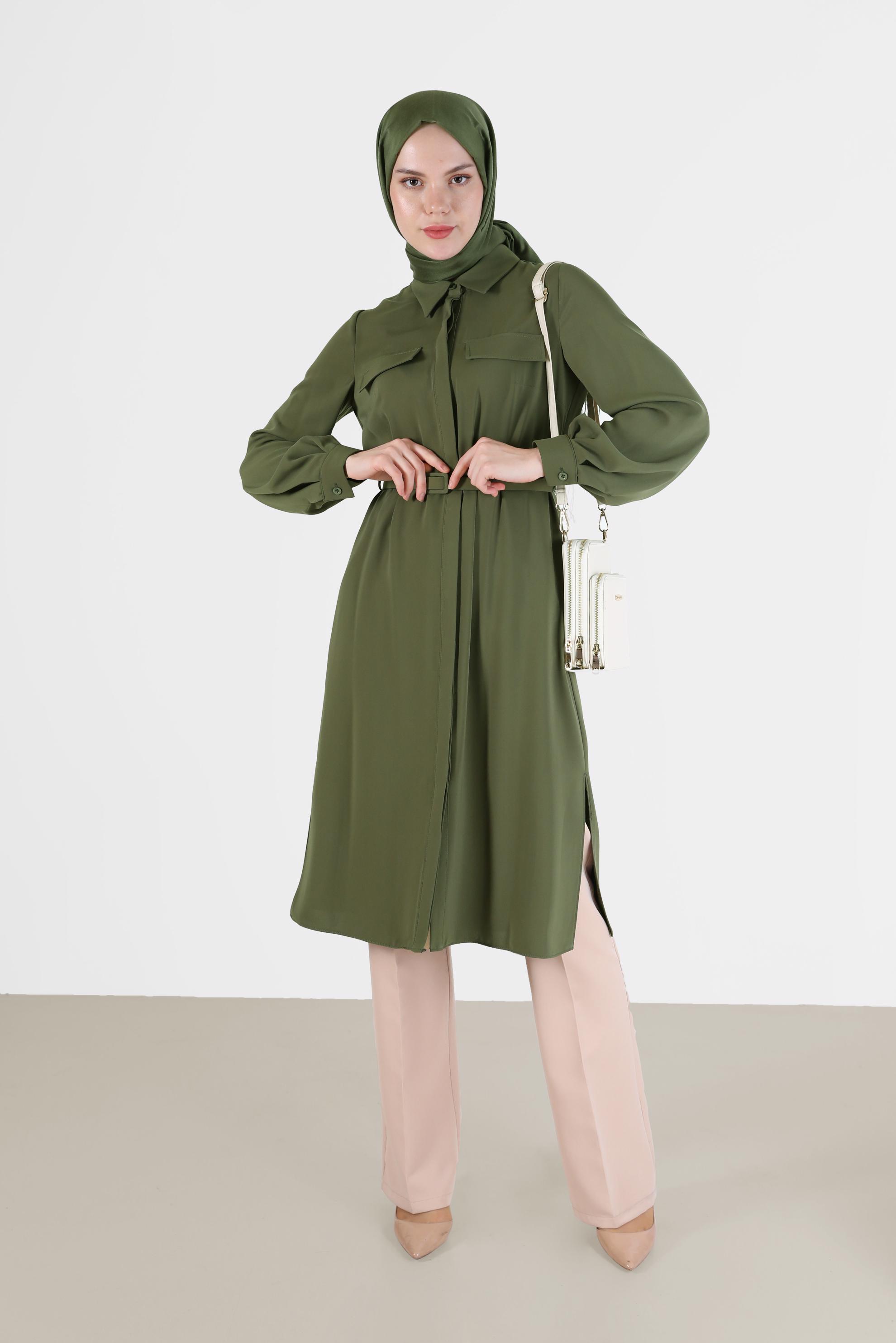 Tesettür giyim HAKİ CEP DETAYLI KEMERLİ TUNİK 42405 