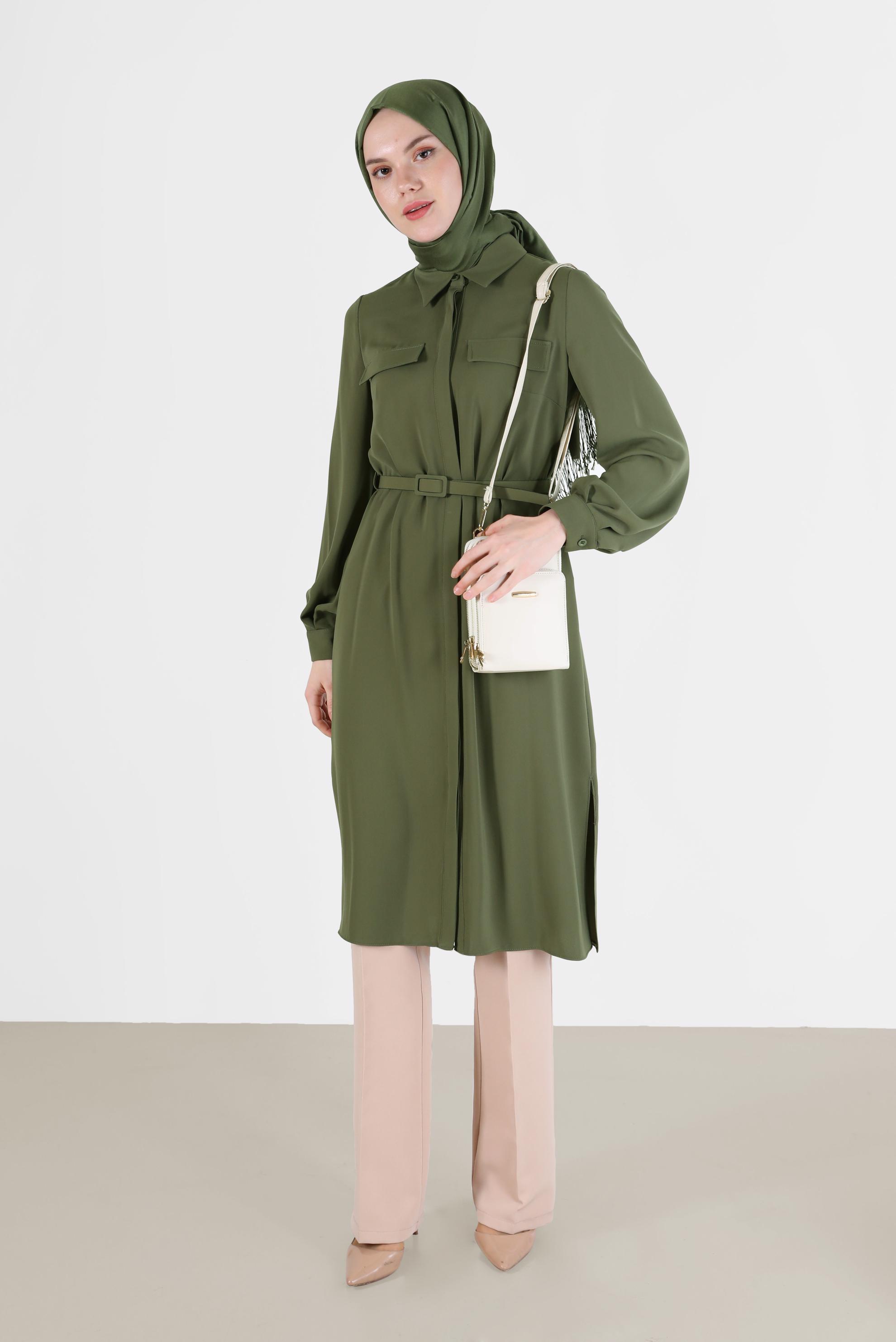 Tesettür giyim HAKİ CEP DETAYLI KEMERLİ TUNİK 42405 