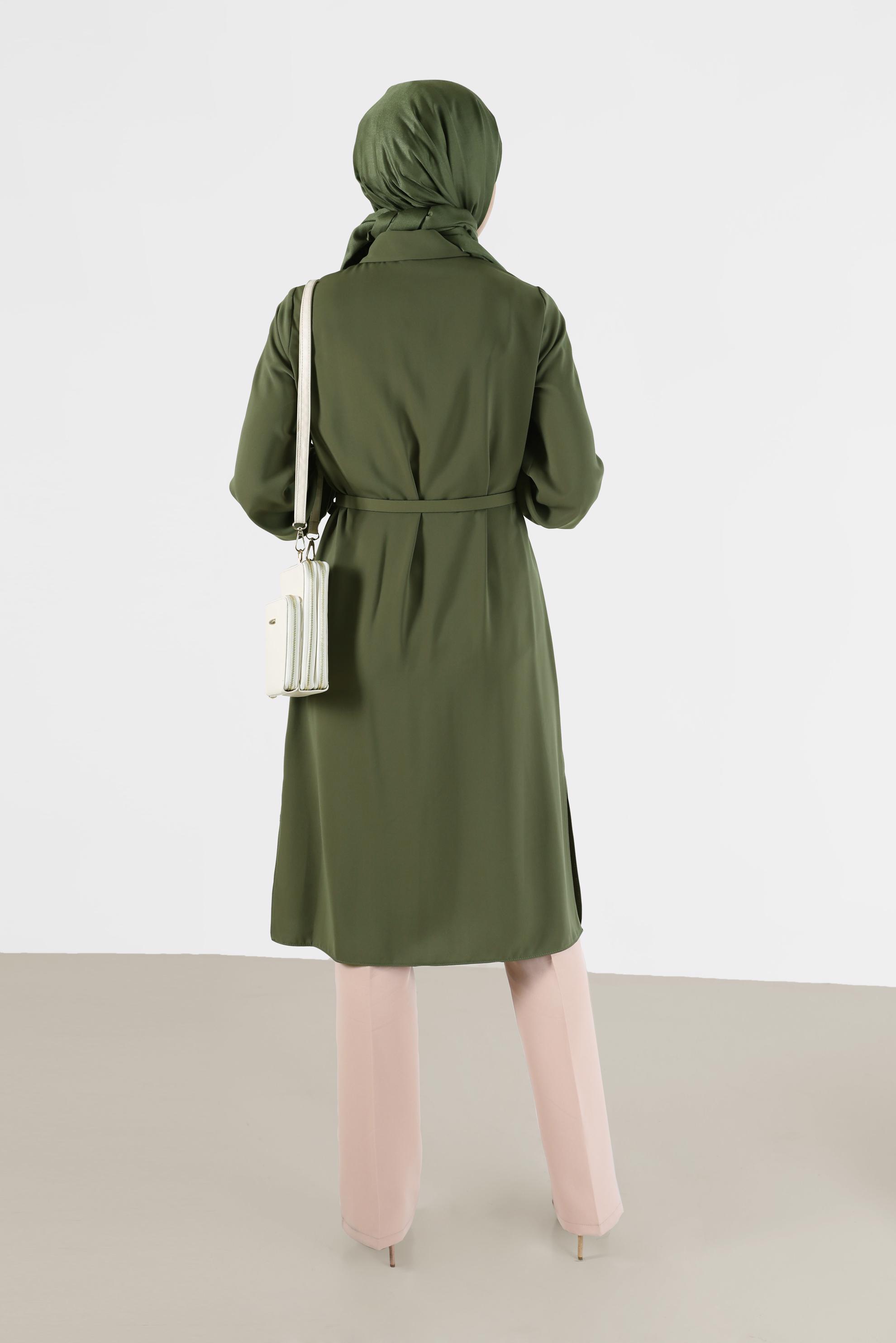 Tesettür giyim HAKİ CEP DETAYLI KEMERLİ TUNİK 42405 