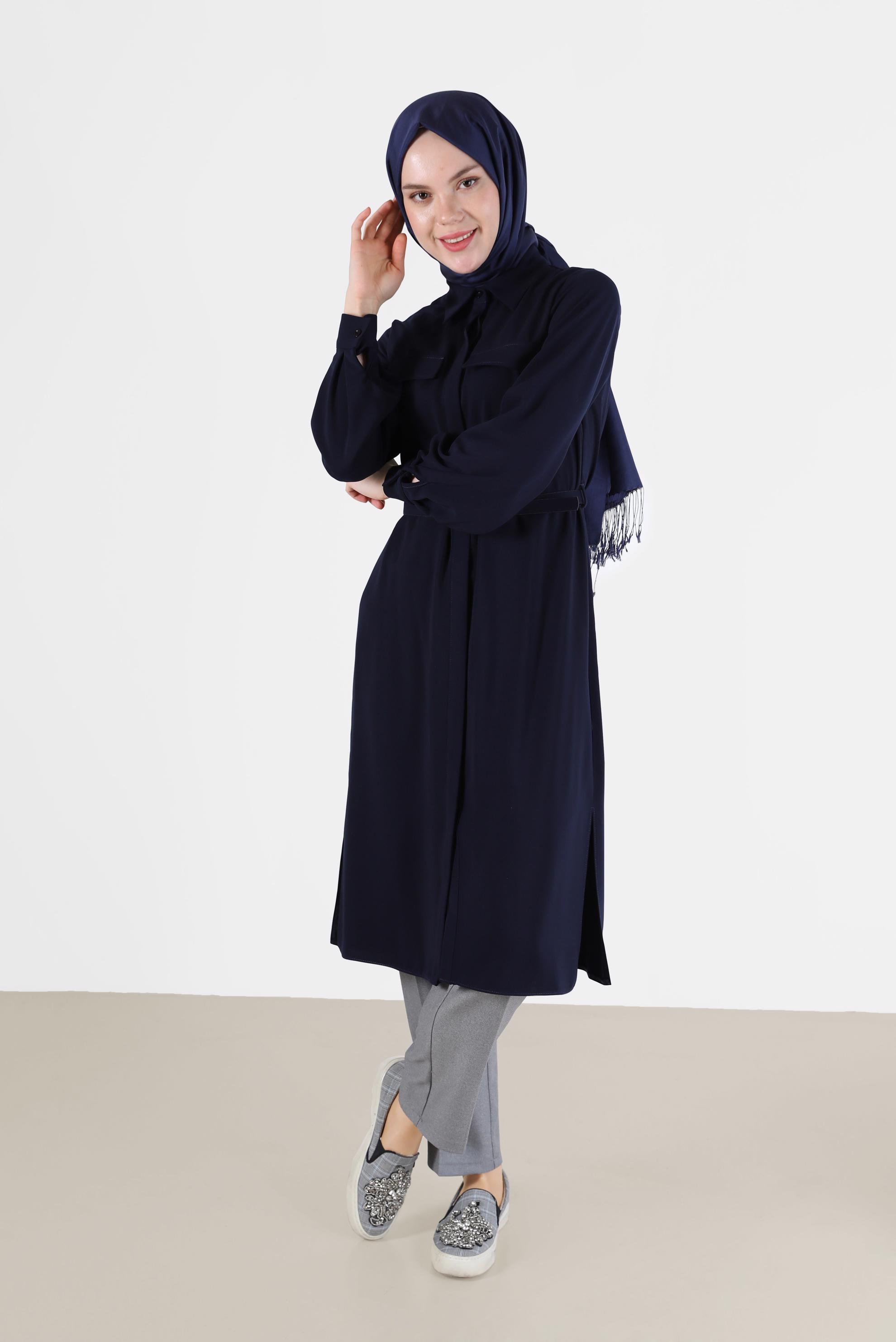 Tesettür giyim LACİVERT CEP DETAYLI KEMERLİ TUNİK 42405 