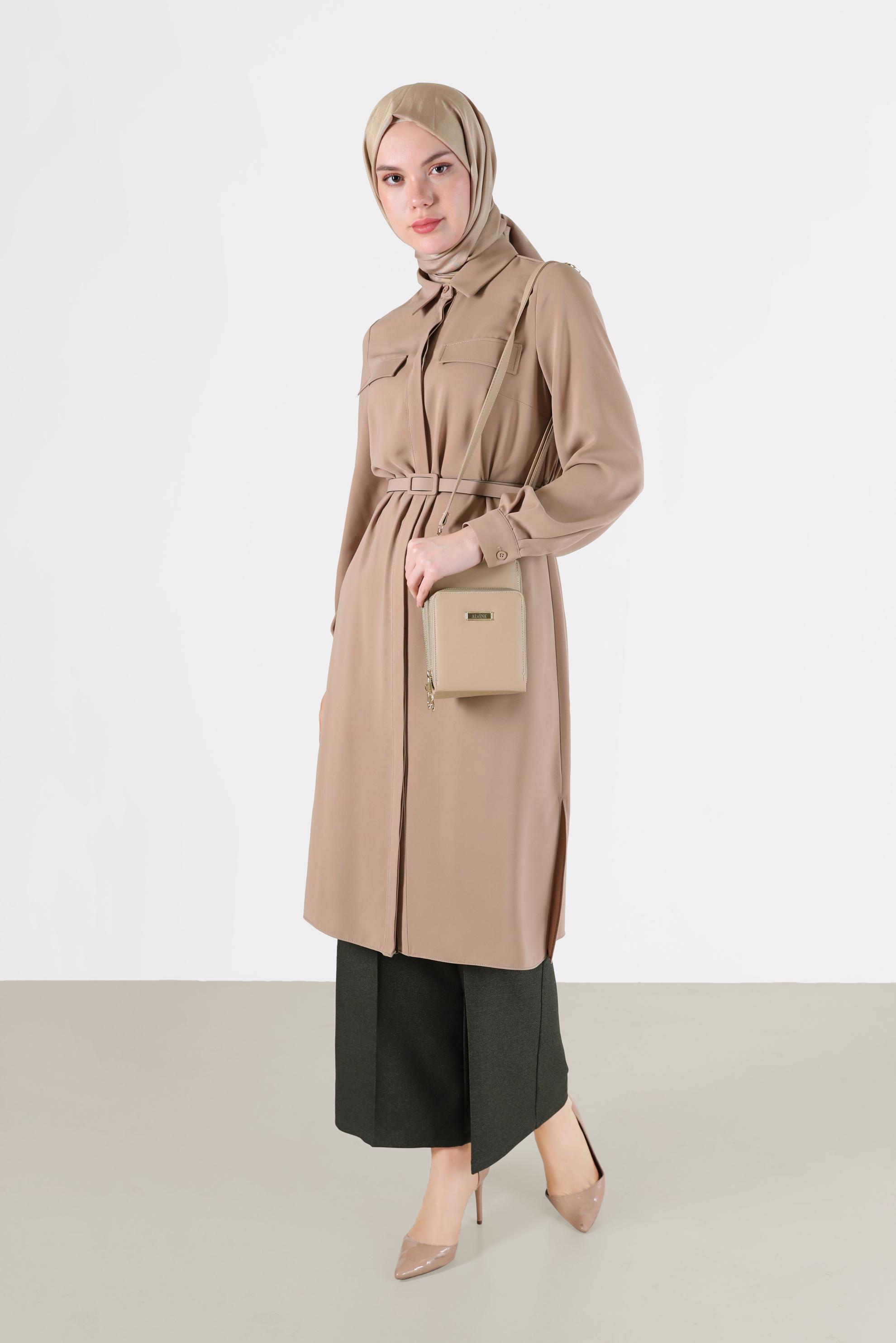 Tesettür giyim TABA CEP DETAYLI KEMERLİ TUNİK 42405 