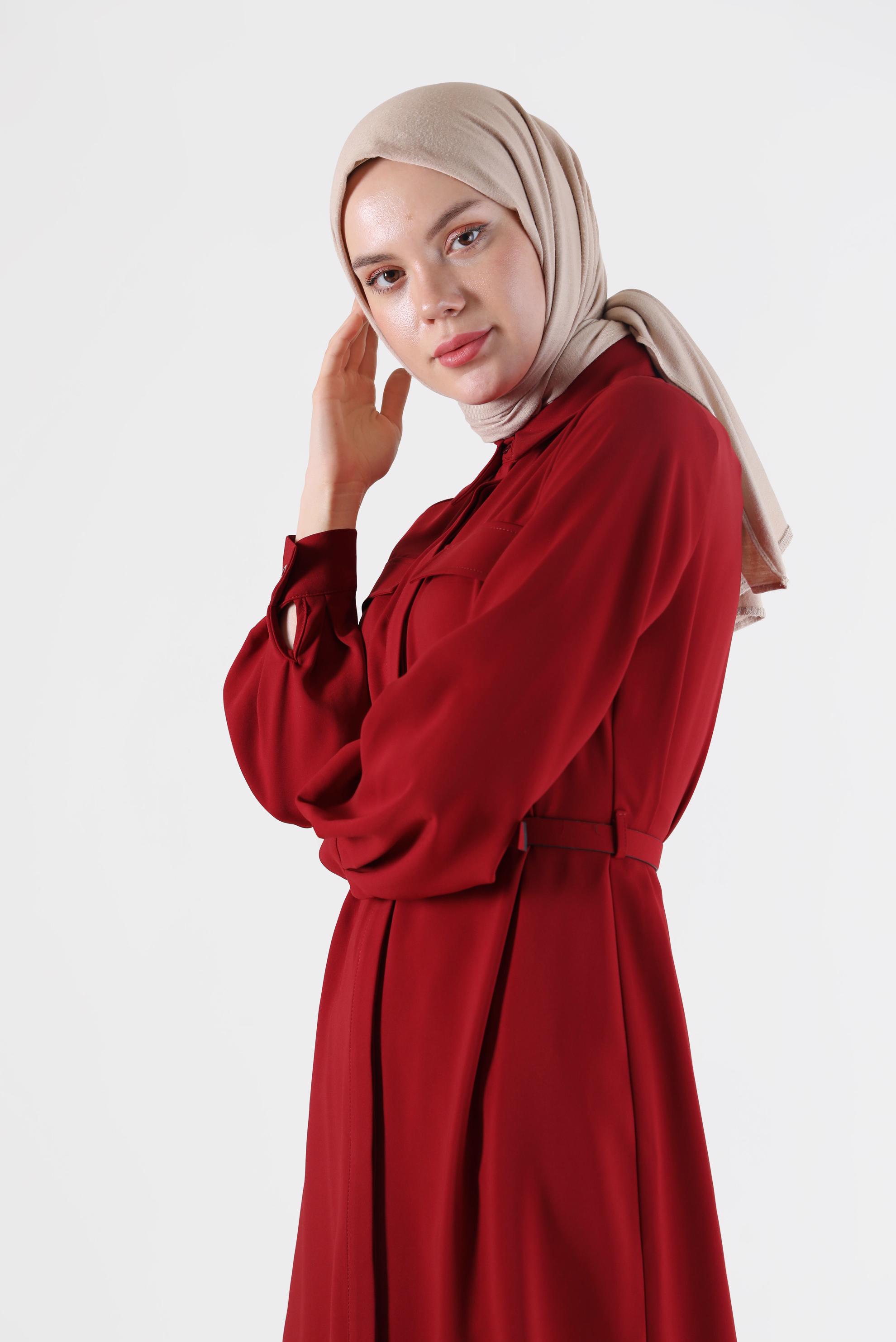 Tesettür giyim BORDO CEP DETAYLI KEMERLİ TUNİK 42405 
