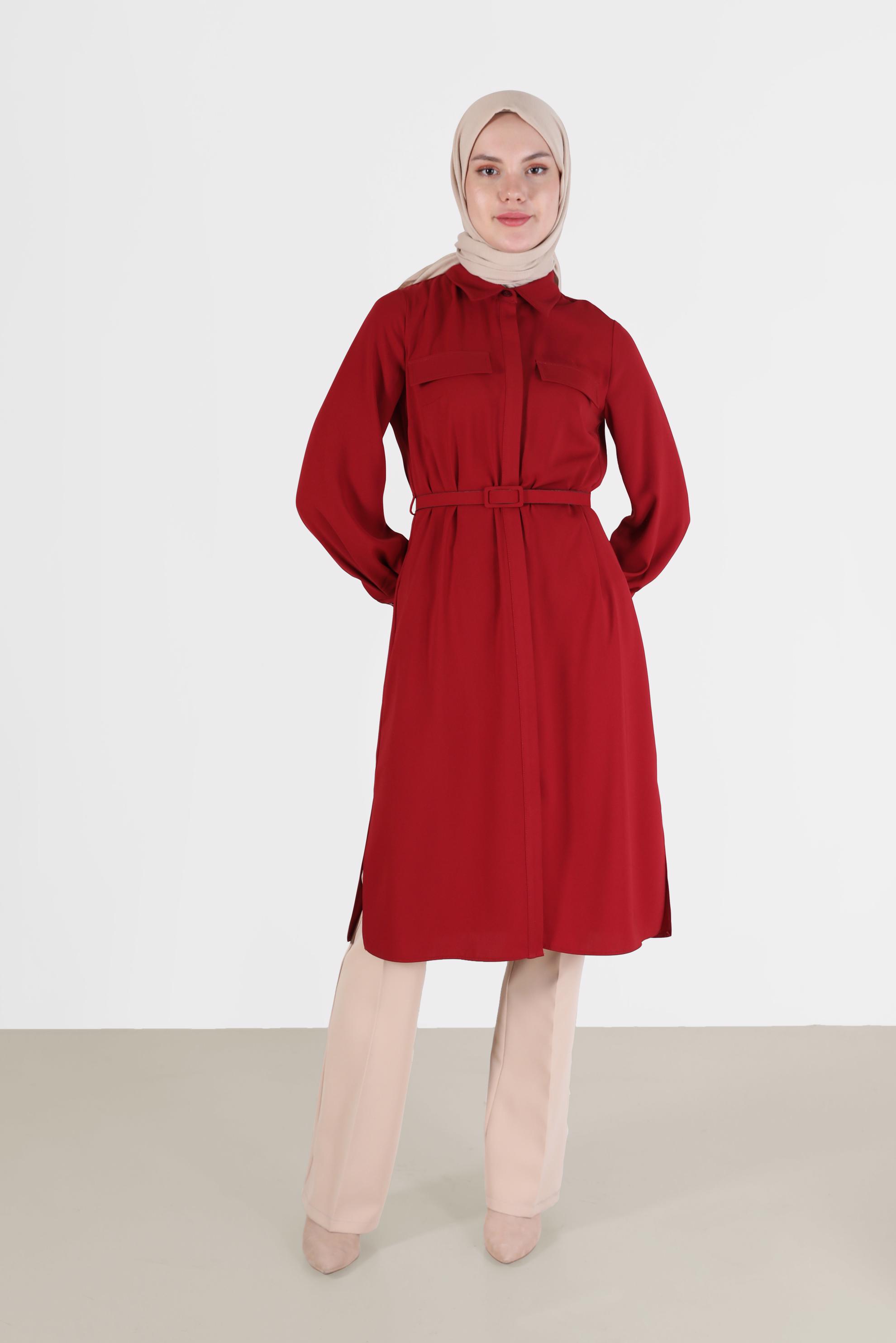 Tesettür giyim BORDO CEP DETAYLI KEMERLİ TUNİK 42405 