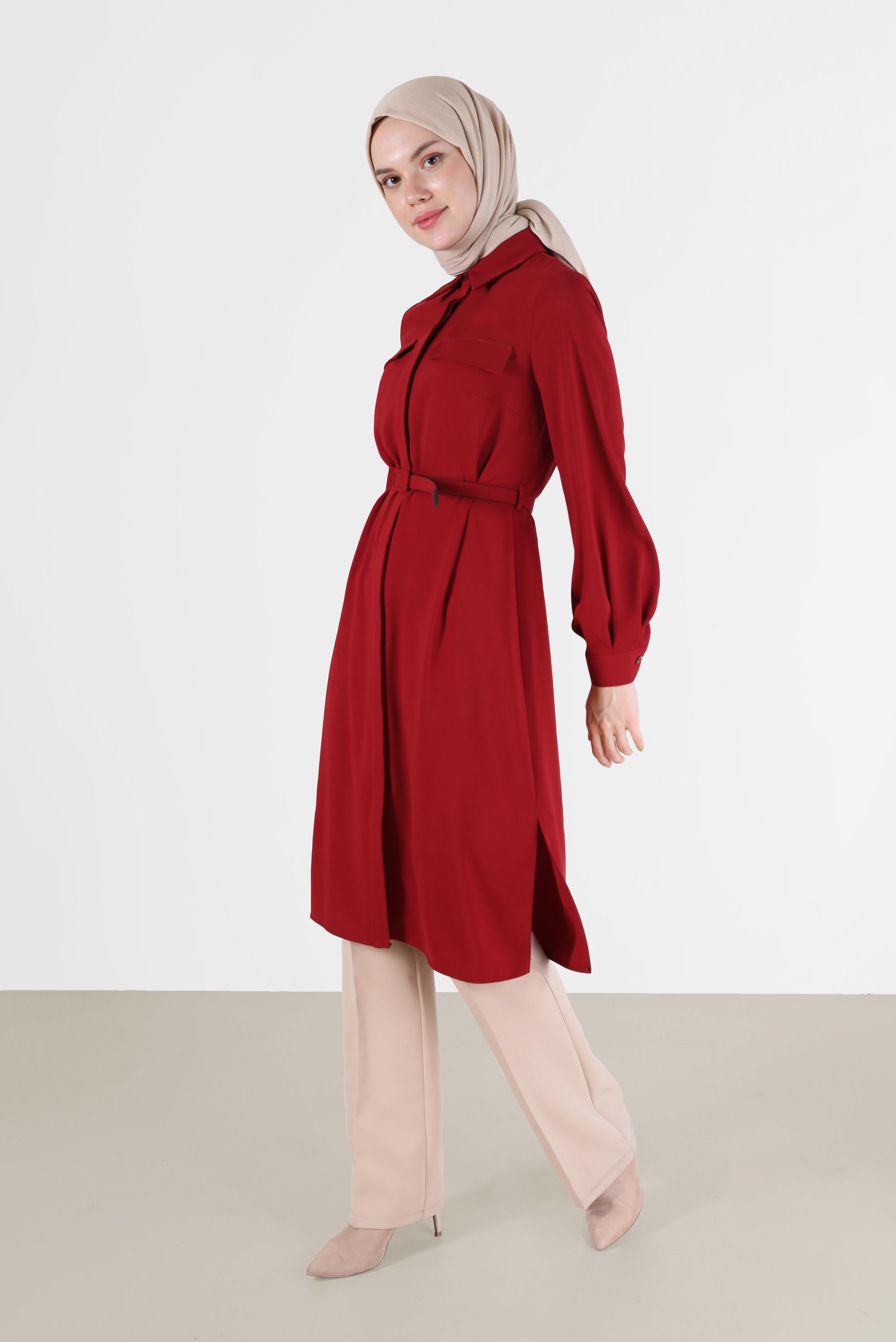 Tesettür giyim BORDO CEP DETAYLI KEMERLİ TUNİK 42405 