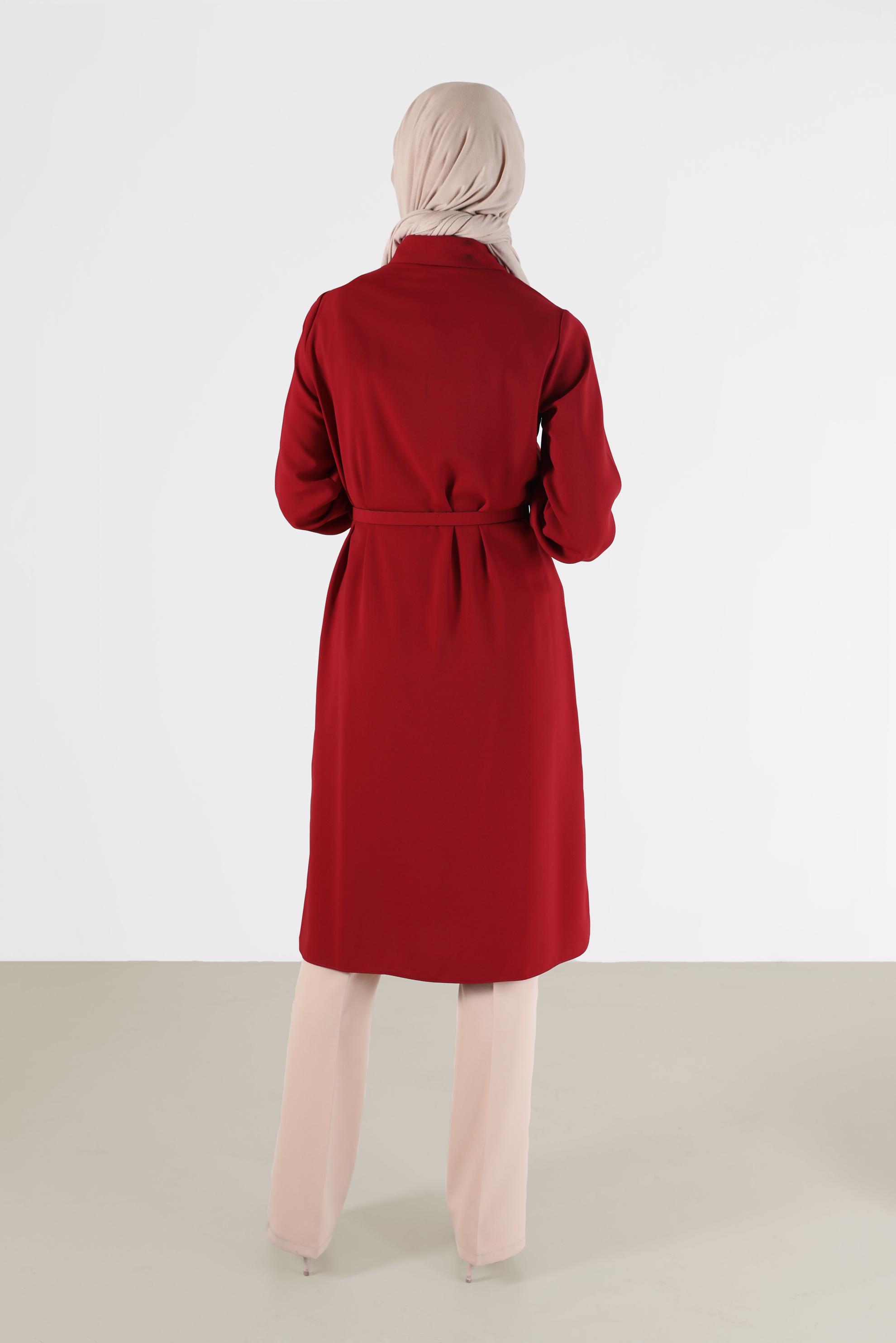 Tesettür giyim BORDO CEP DETAYLI KEMERLİ TUNİK 42405 