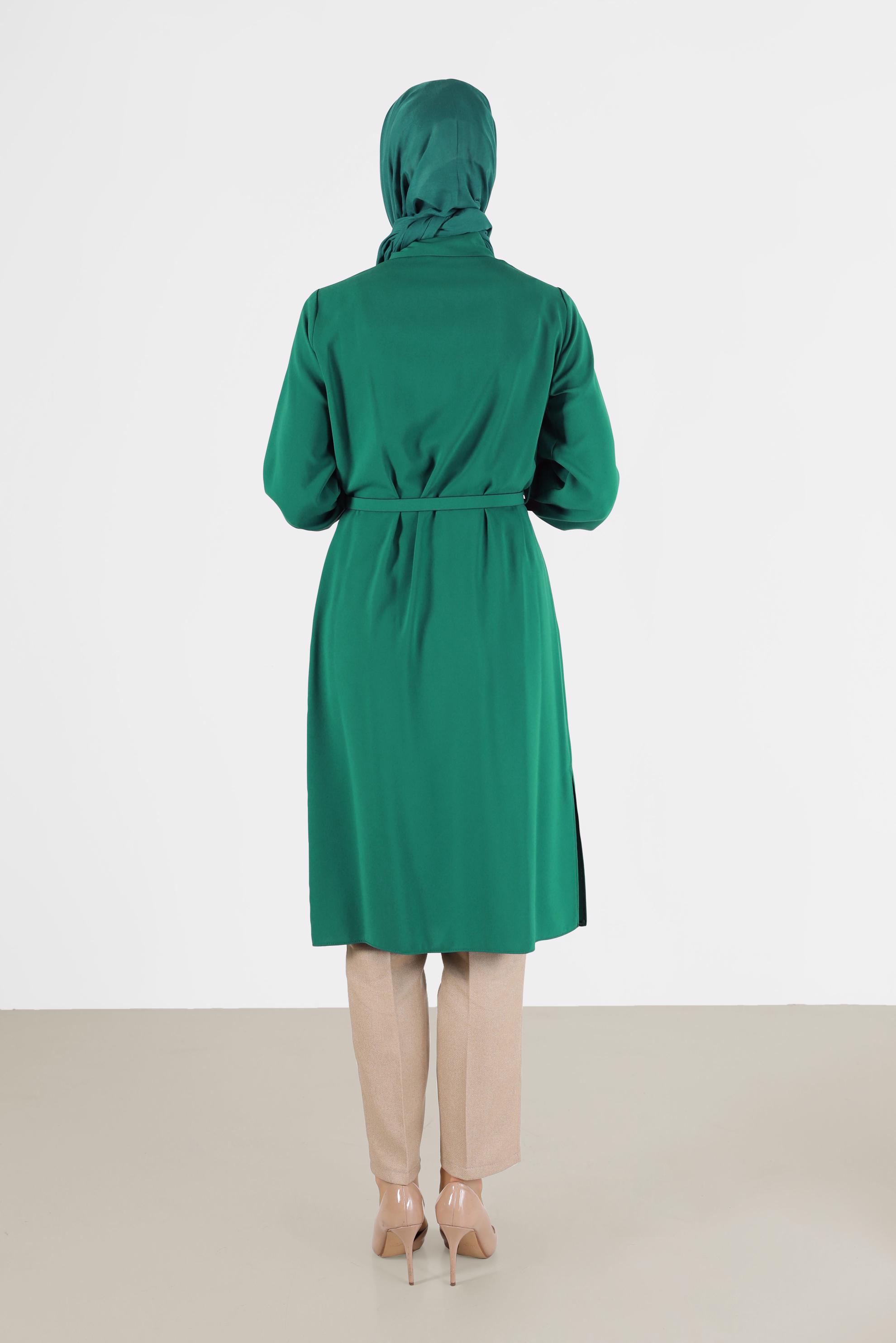 Tesettür giyim YEŞİL CEP DETAYLI KEMERLİ TUNİK 42405 