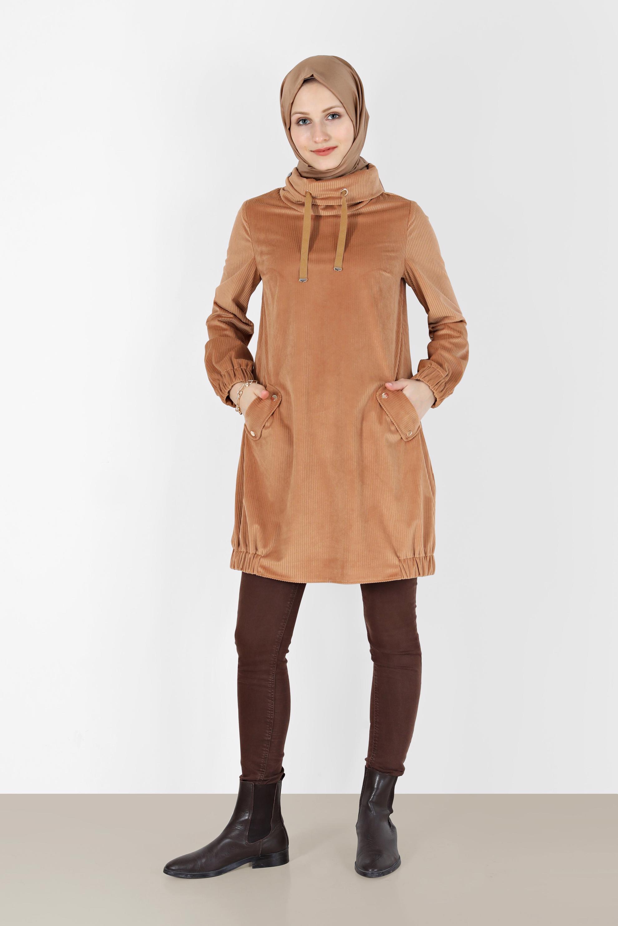 Tesettür giyim KAHVE DEGAJE YAKA MANŞETLERİ LASTİKLİ TUNİK 42420 