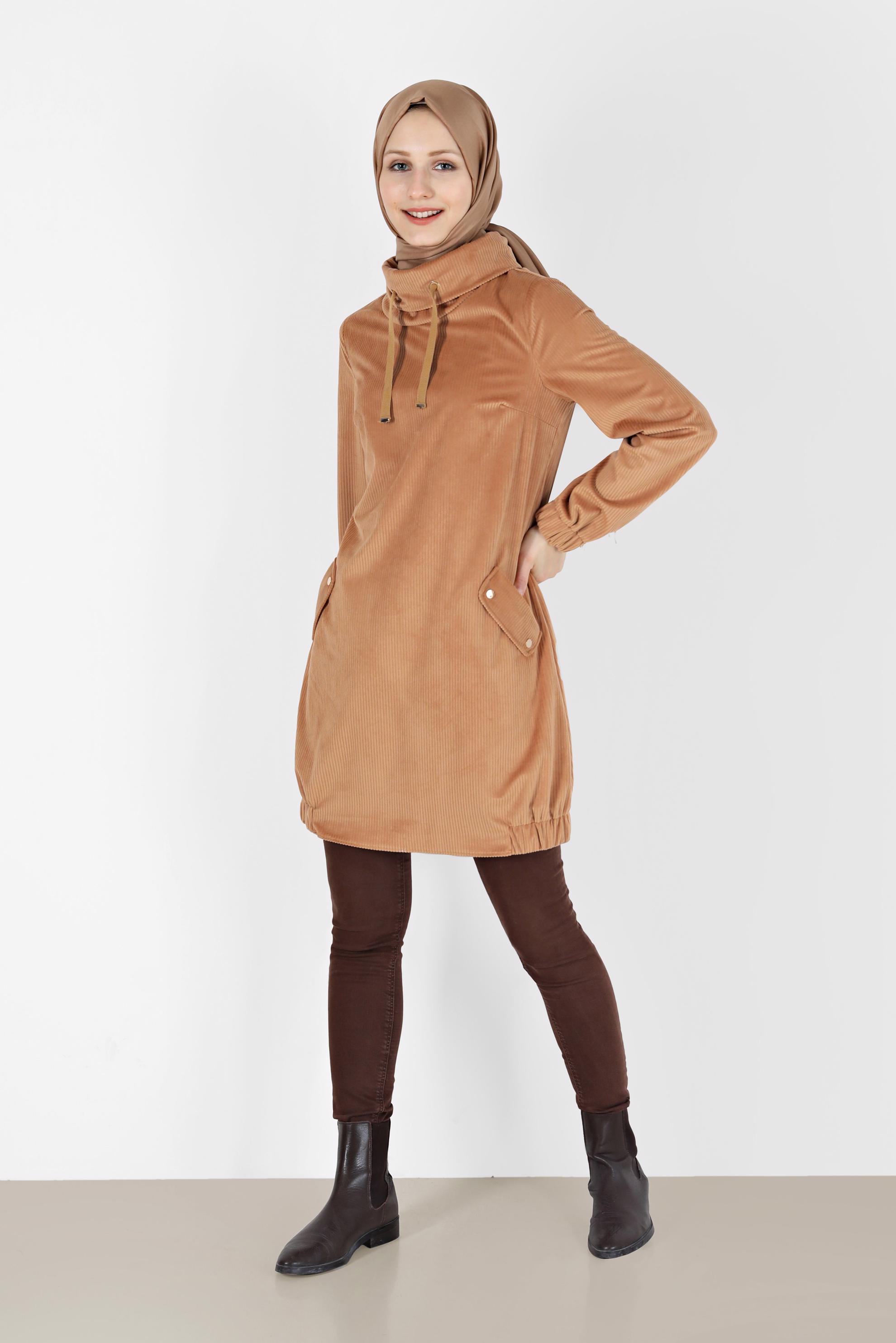 Tesettür giyim KAHVE DEGAJE YAKA MANŞETLERİ LASTİKLİ TUNİK 42420 