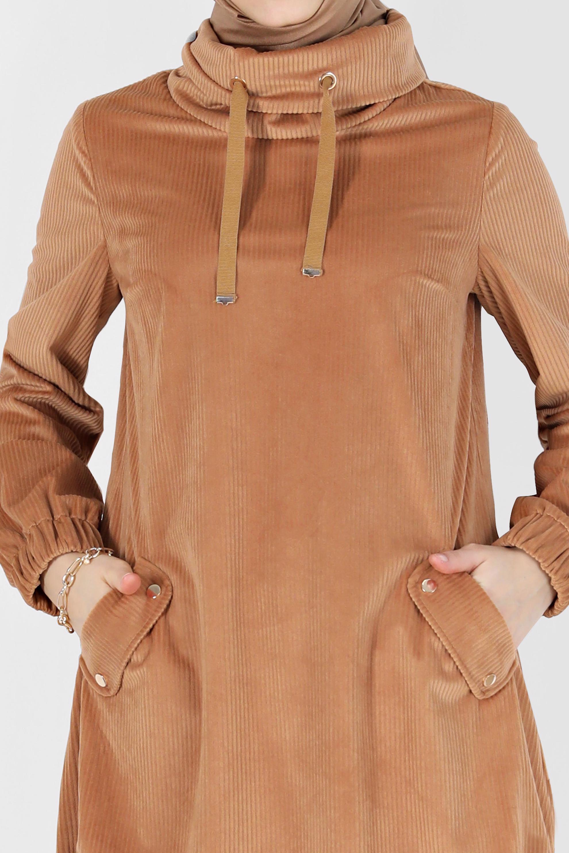 Tesettür giyim KAHVE DEGAJE YAKA MANŞETLERİ LASTİKLİ TUNİK 42420 