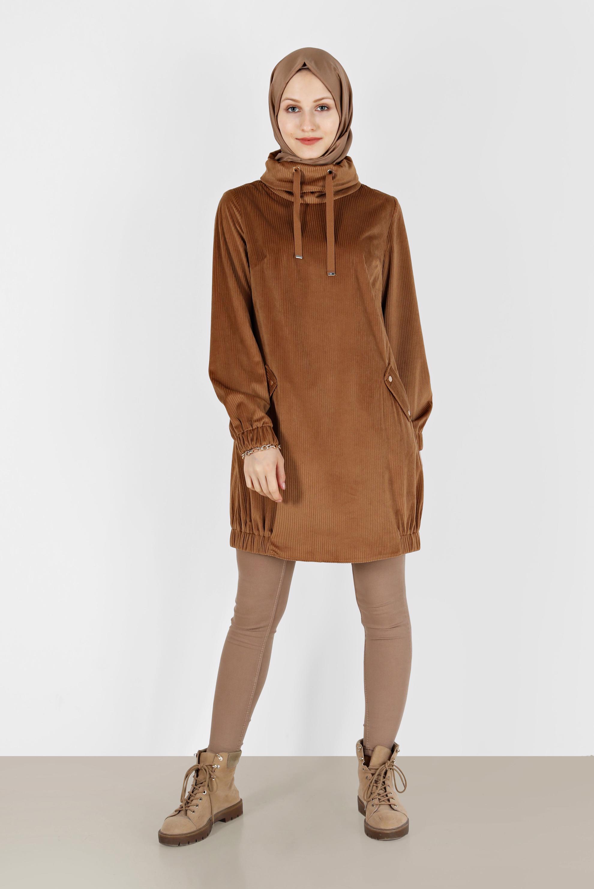 Tesettür giyim TABA DEGAJE YAKA MANŞETLERİ LASTİKLİ TUNİK 42420 