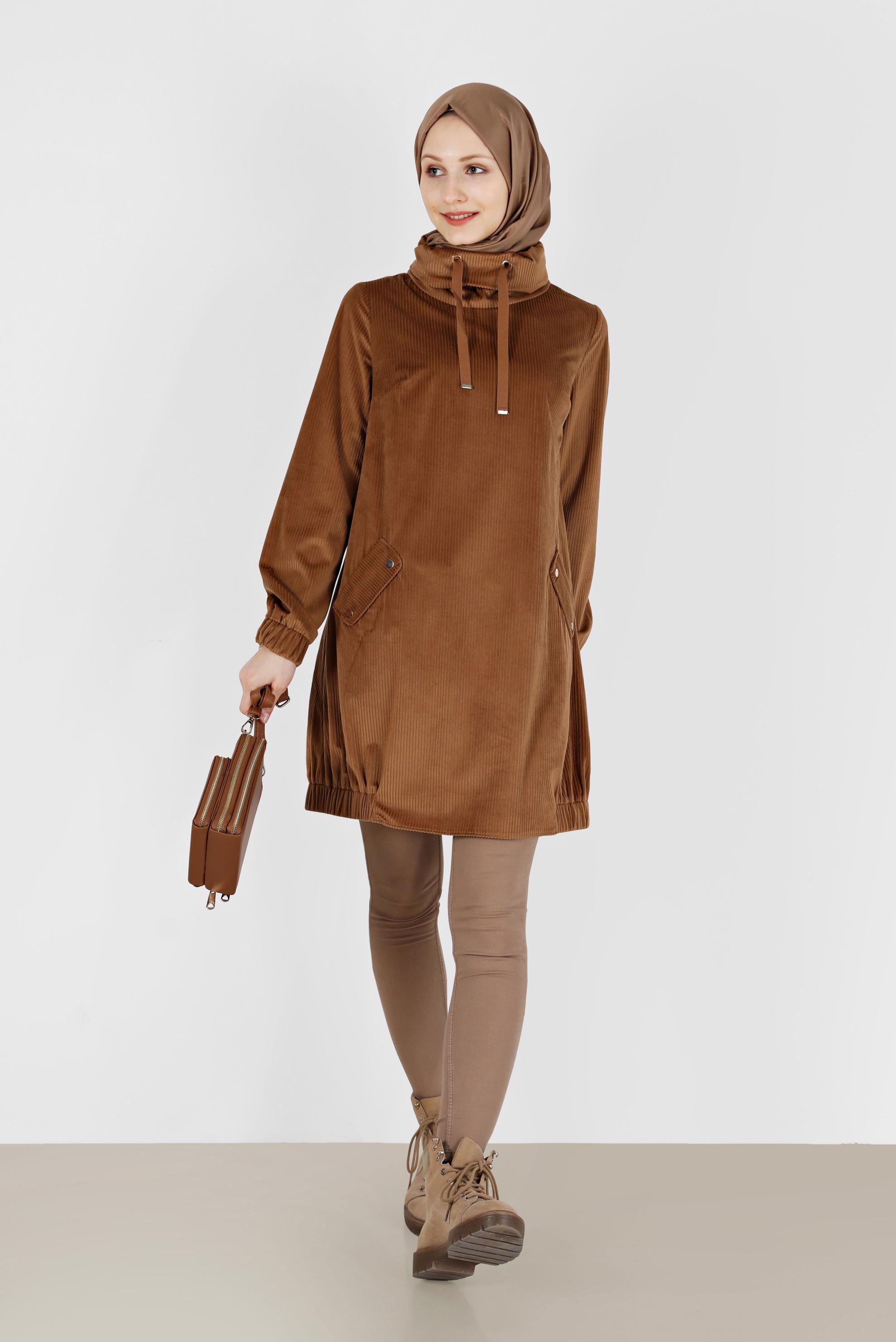 Tesettür giyim TABA DEGAJE YAKA MANŞETLERİ LASTİKLİ TUNİK 42420 