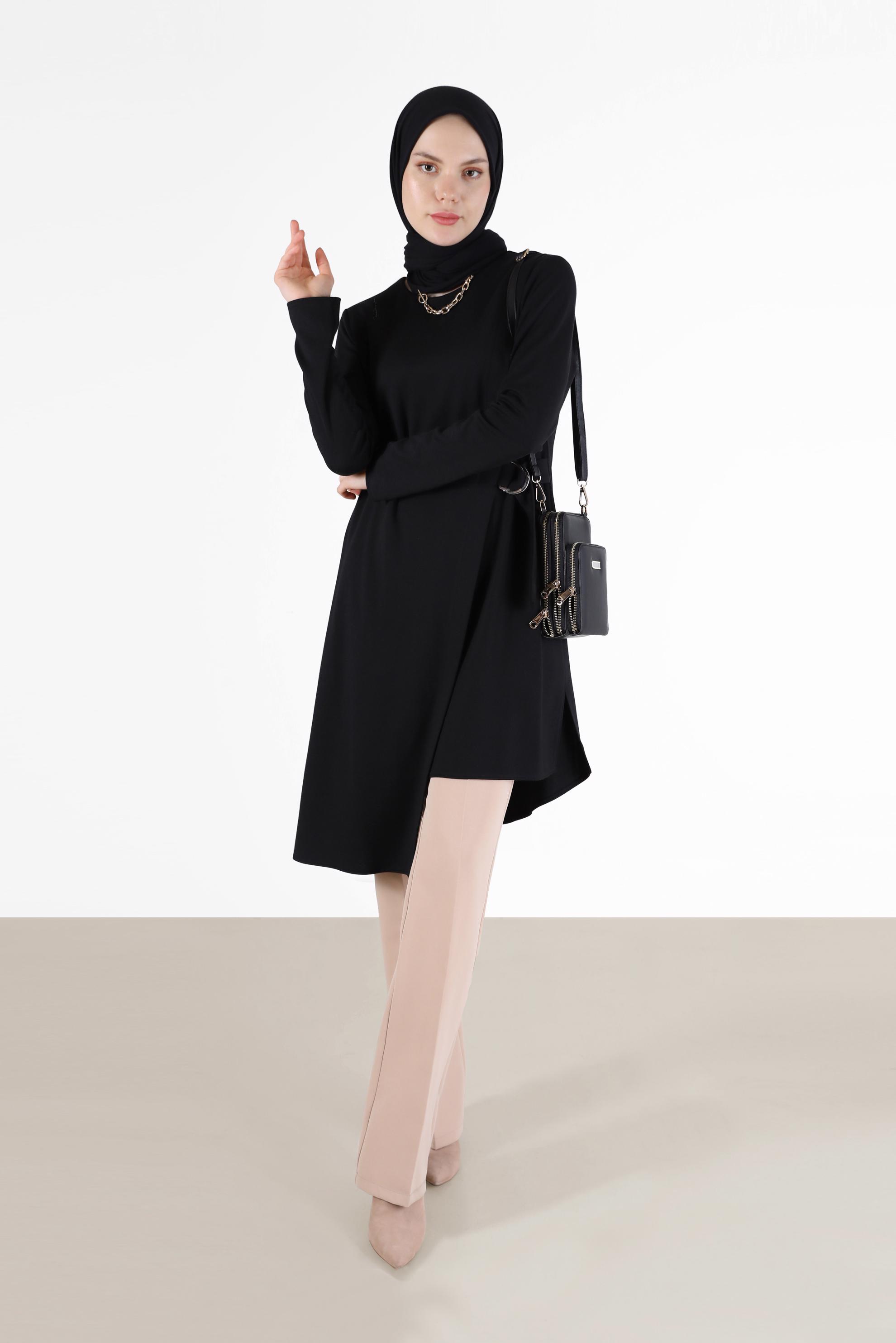 Tesettür giyim SİYAH YANDAN BAĞLAMALI ASİMETRİK KESİM TUNİK 42421 