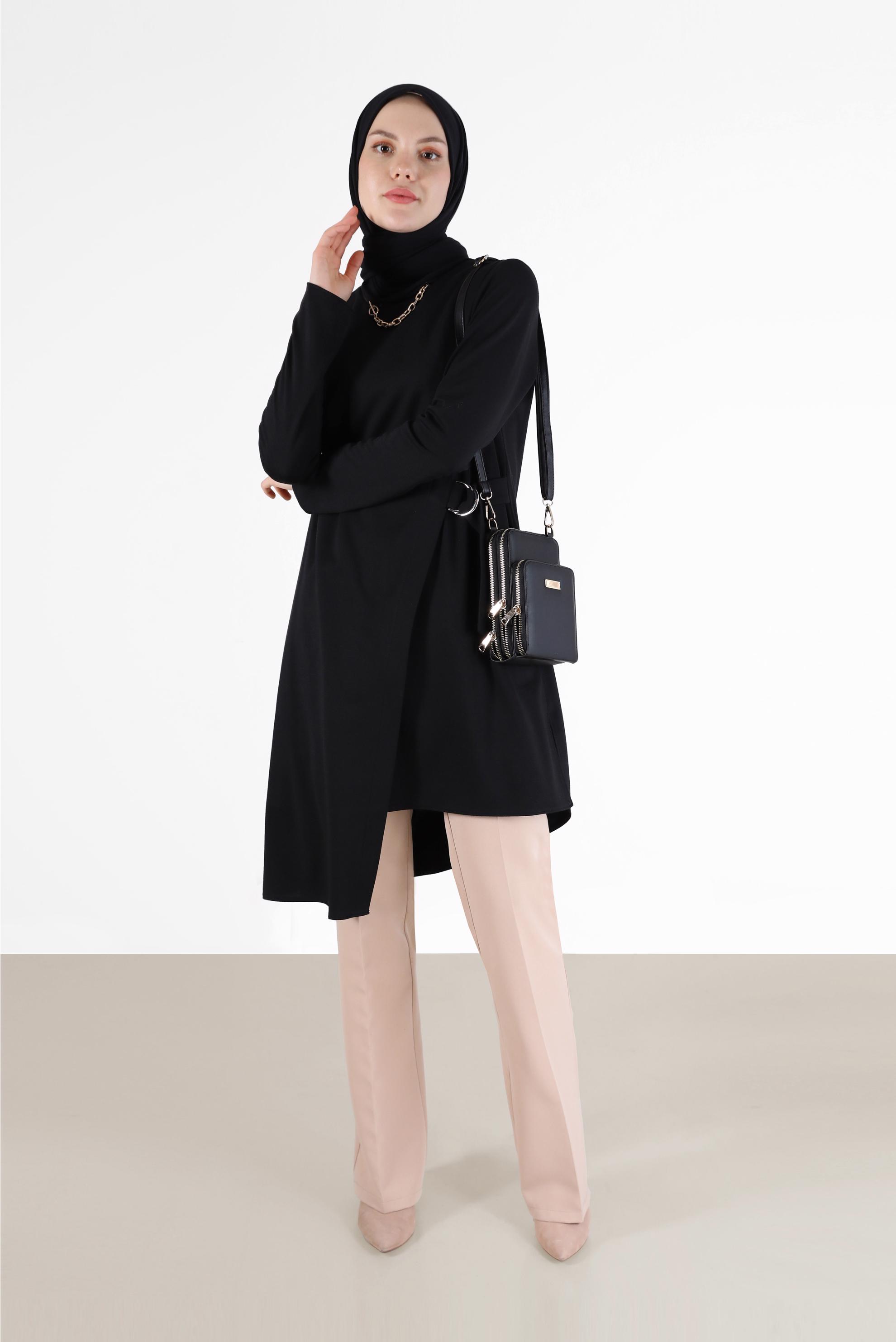 Tesettür giyim SİYAH YANDAN BAĞLAMALI ASİMETRİK KESİM TUNİK 42421 