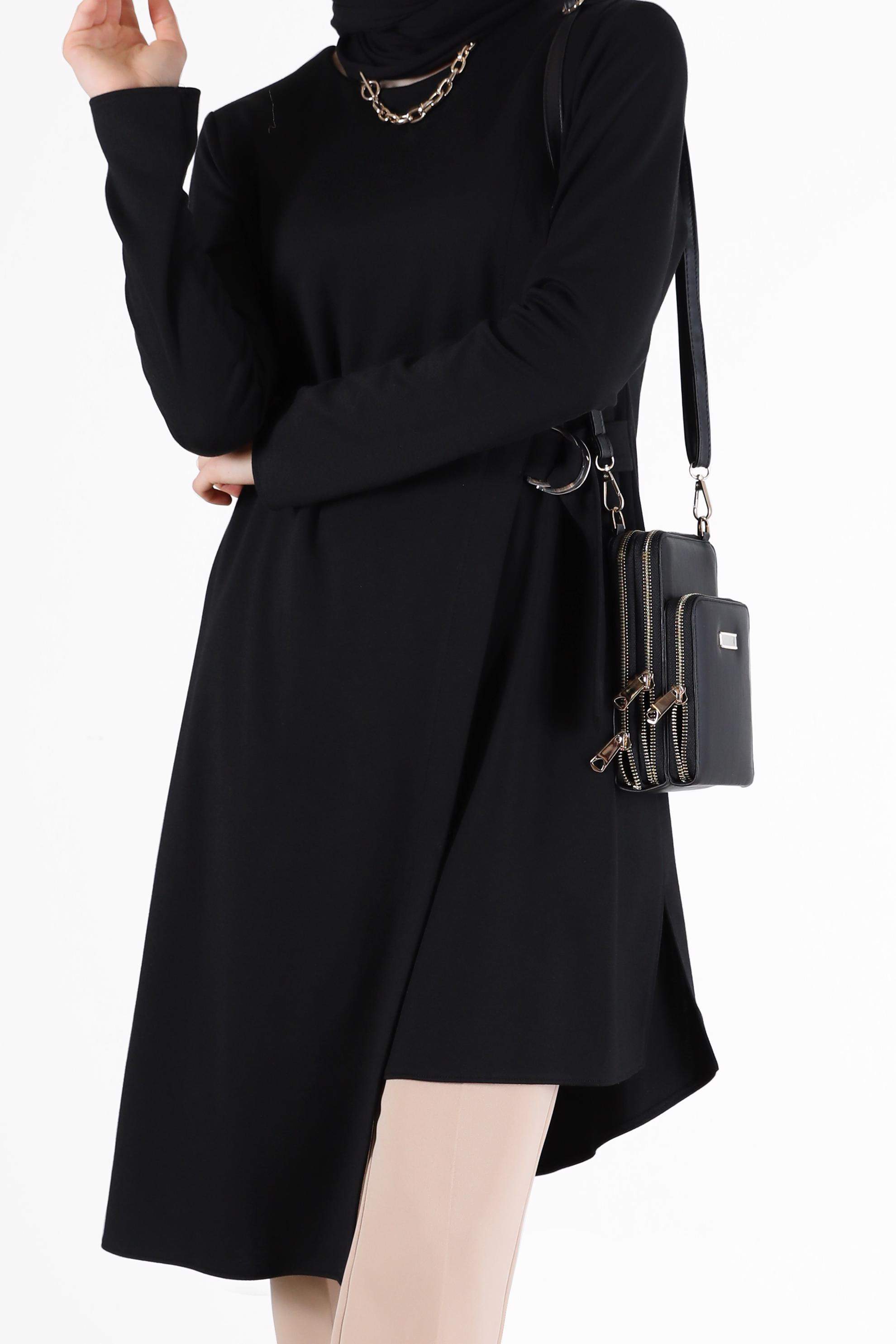 Tesettür giyim SİYAH YANDAN BAĞLAMALI ASİMETRİK KESİM TUNİK 42421 