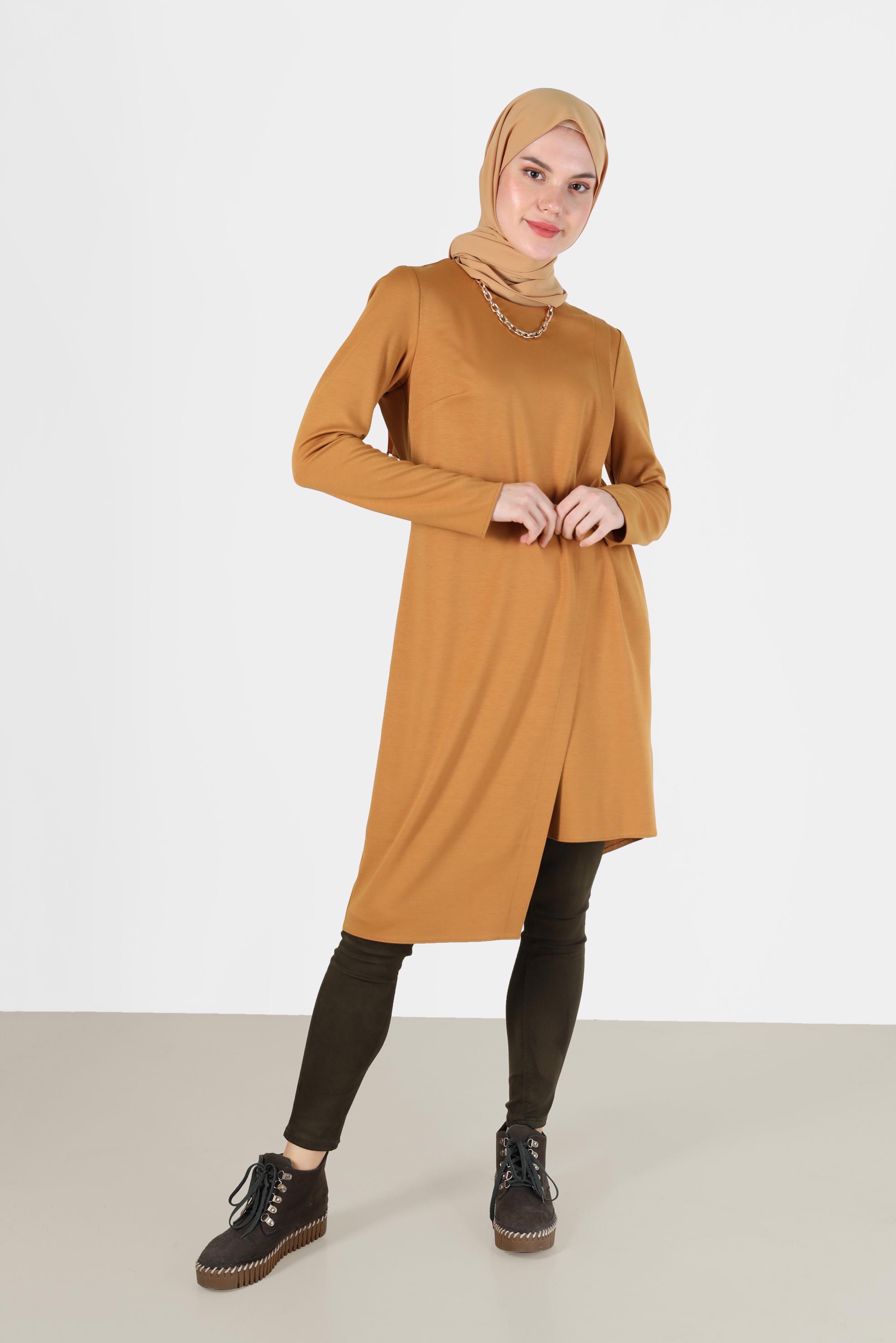 Tesettür giyim SARI YANDAN BAĞLAMALI ASİMETRİK KESİM TUNİK 42421 