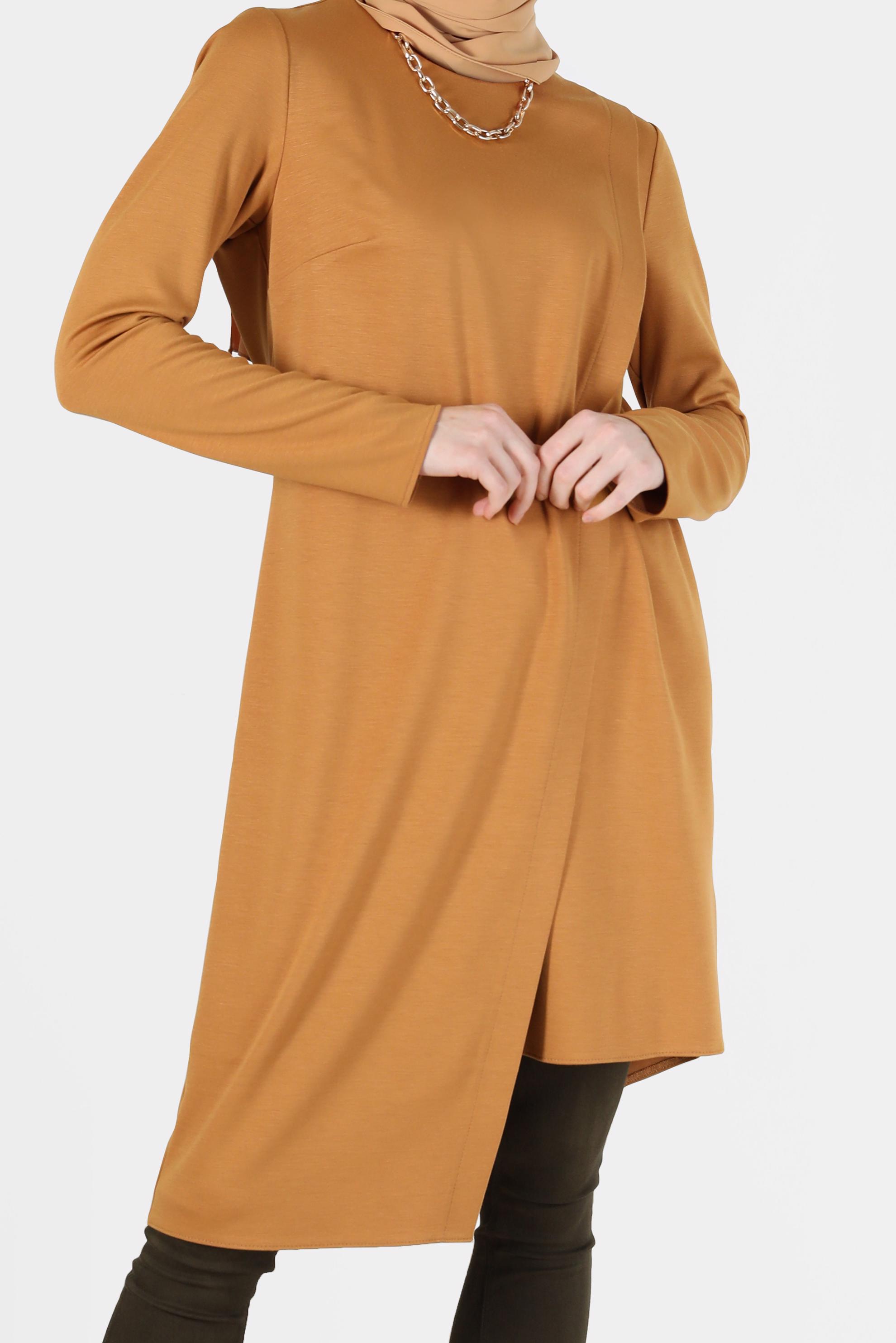 Tesettür giyim SARI YANDAN BAĞLAMALI ASİMETRİK KESİM TUNİK 42421 