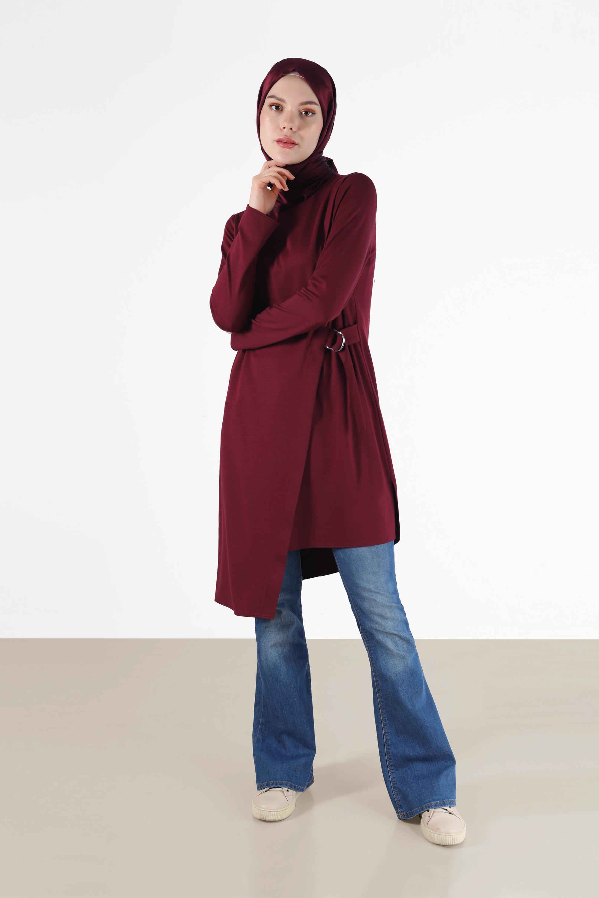 Tesettür giyim BORDO YANDAN BAĞLAMALI ASİMETRİK KESİM TUNİK 42421 