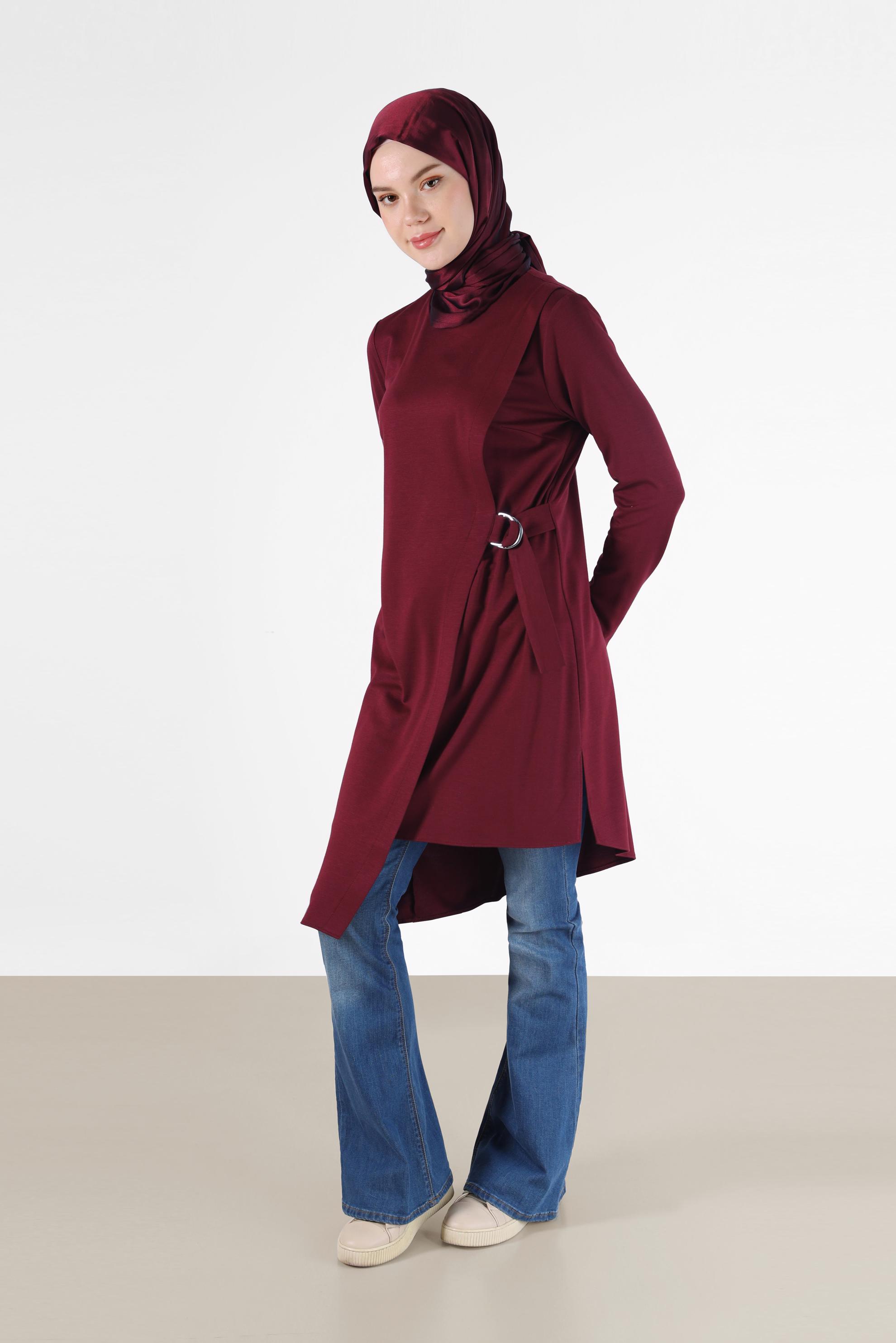 Tesettür giyim BORDO YANDAN BAĞLAMALI ASİMETRİK KESİM TUNİK 42421 