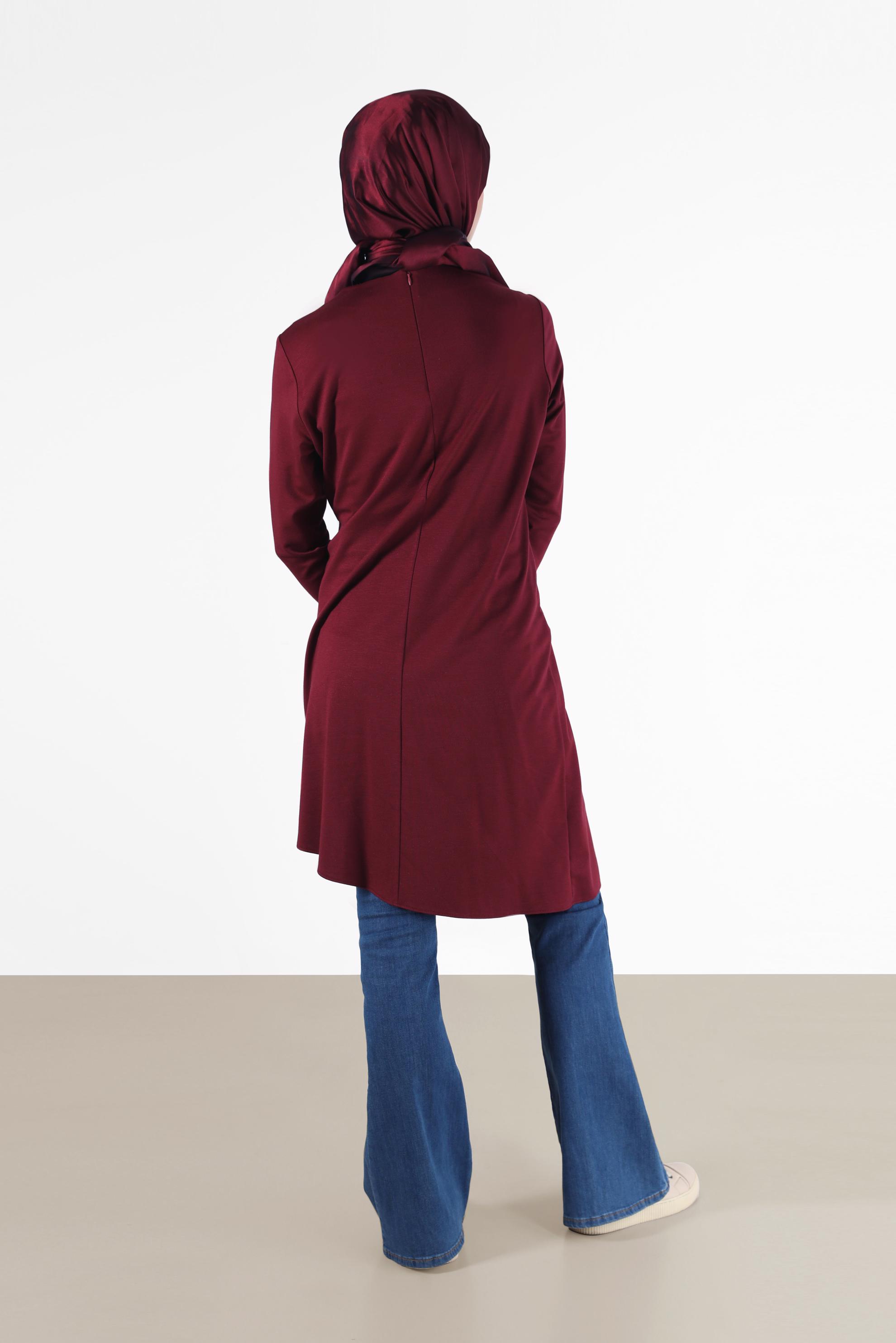 Tesettür giyim BORDO YANDAN BAĞLAMALI ASİMETRİK KESİM TUNİK 42421 