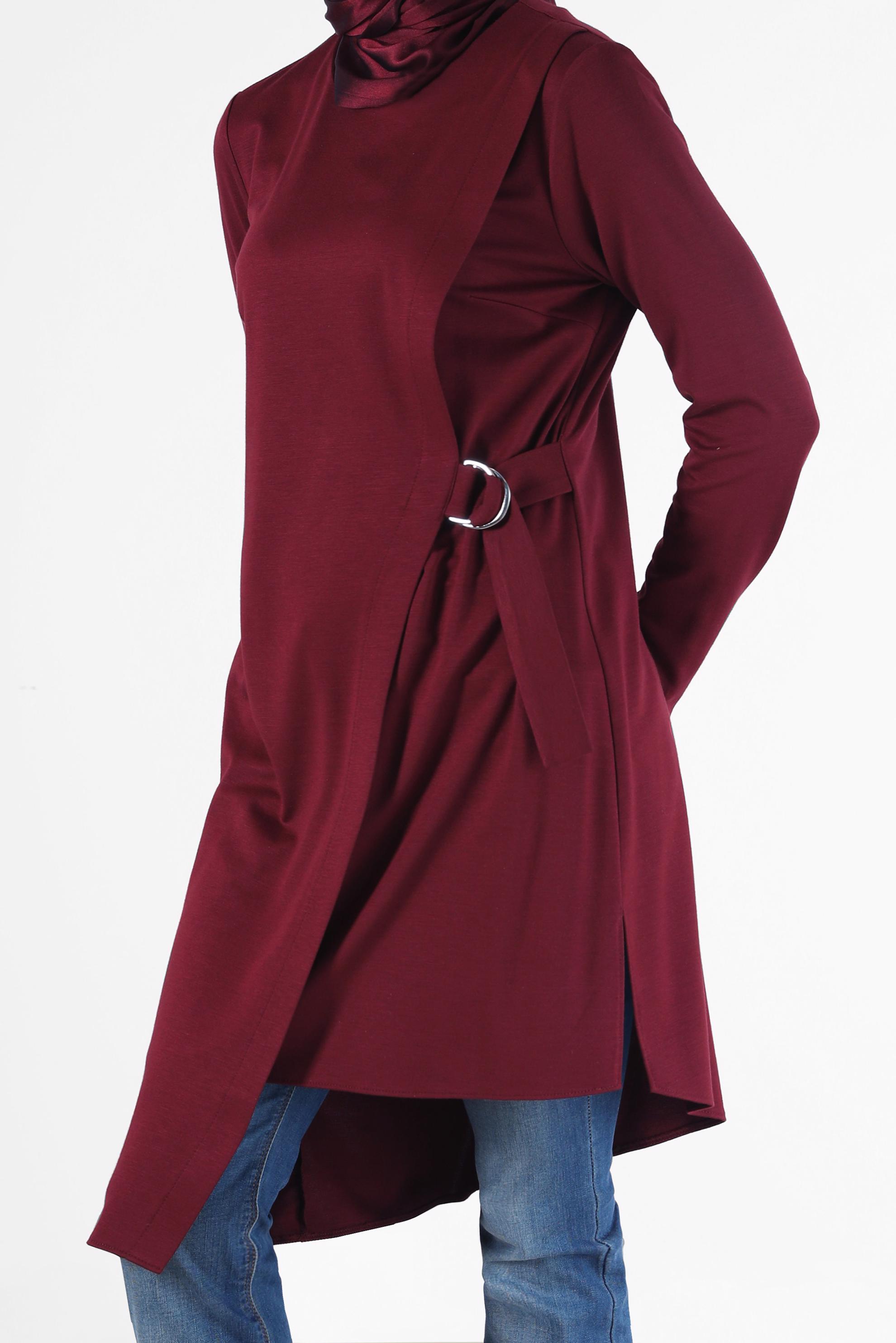 Tesettür giyim BORDO YANDAN BAĞLAMALI ASİMETRİK KESİM TUNİK 42421 