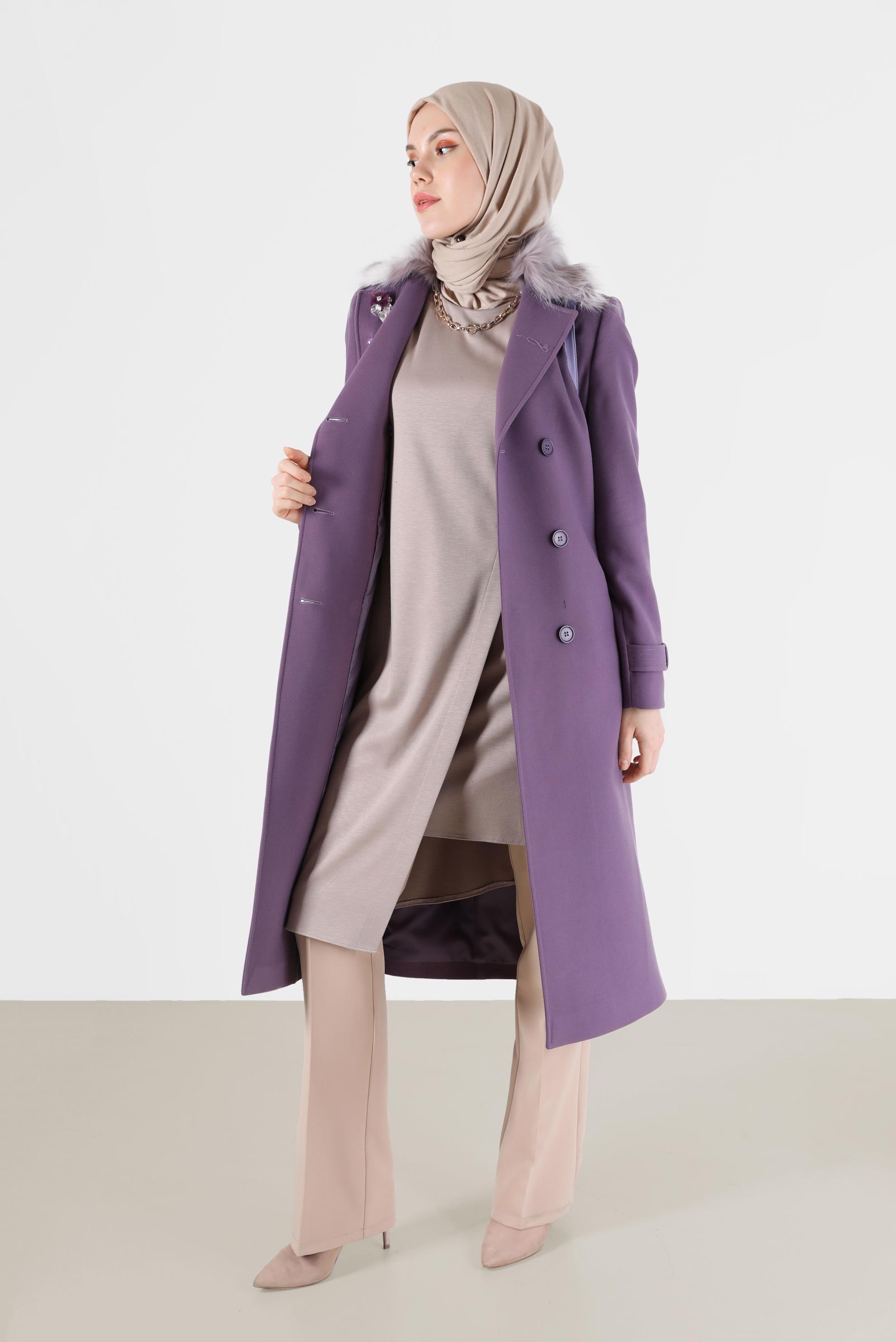 Tesettür giyim BEJ YANDAN BAĞLAMALI ASİMETRİK KESİM TUNİK 42421 