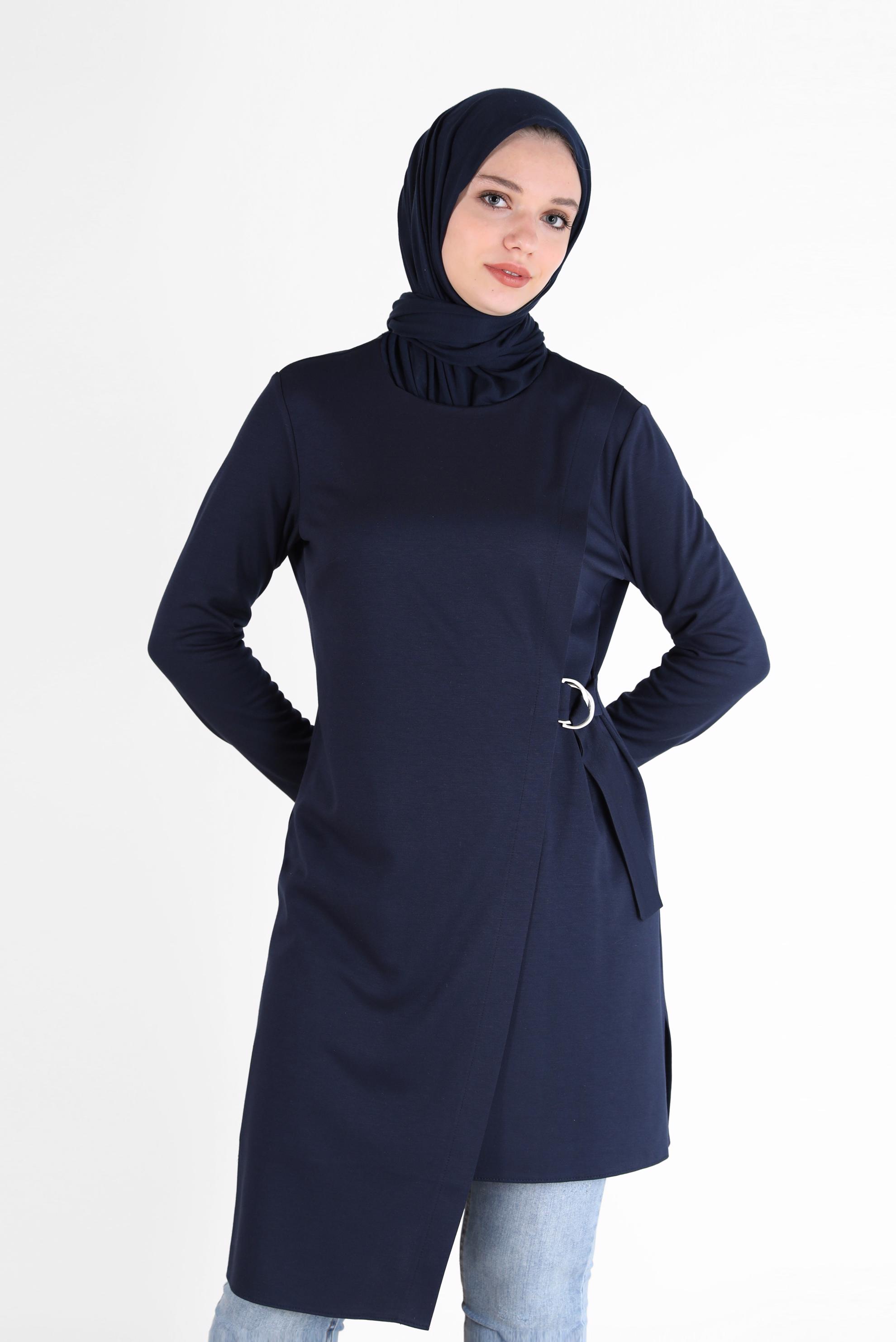 Tesettür giyim LACİVERT YANDAN BAĞLAMALI ASİMETRİK KESİM TUNİK 42421 