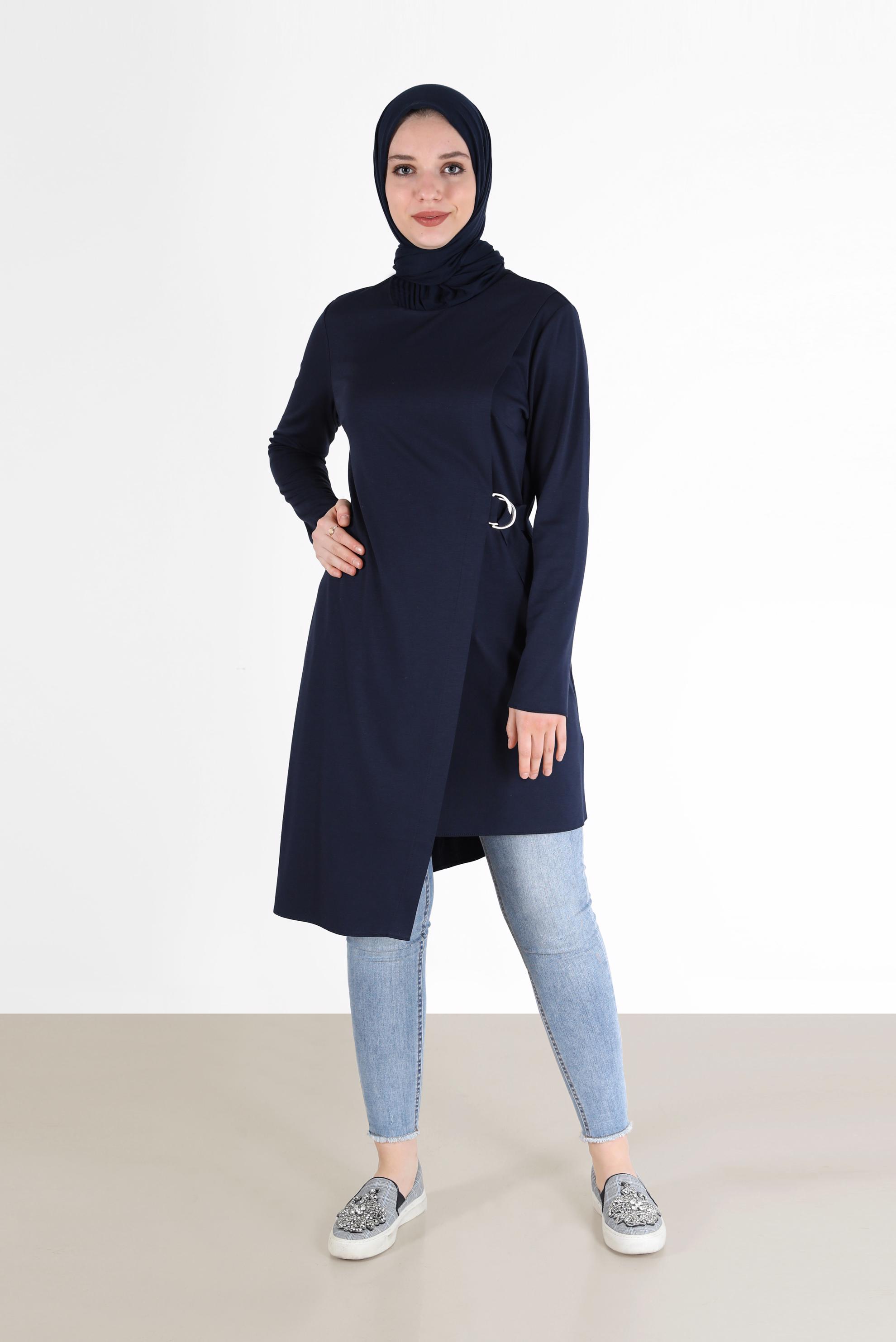 Tesettür giyim LACİVERT YANDAN BAĞLAMALI ASİMETRİK KESİM TUNİK 42421 
