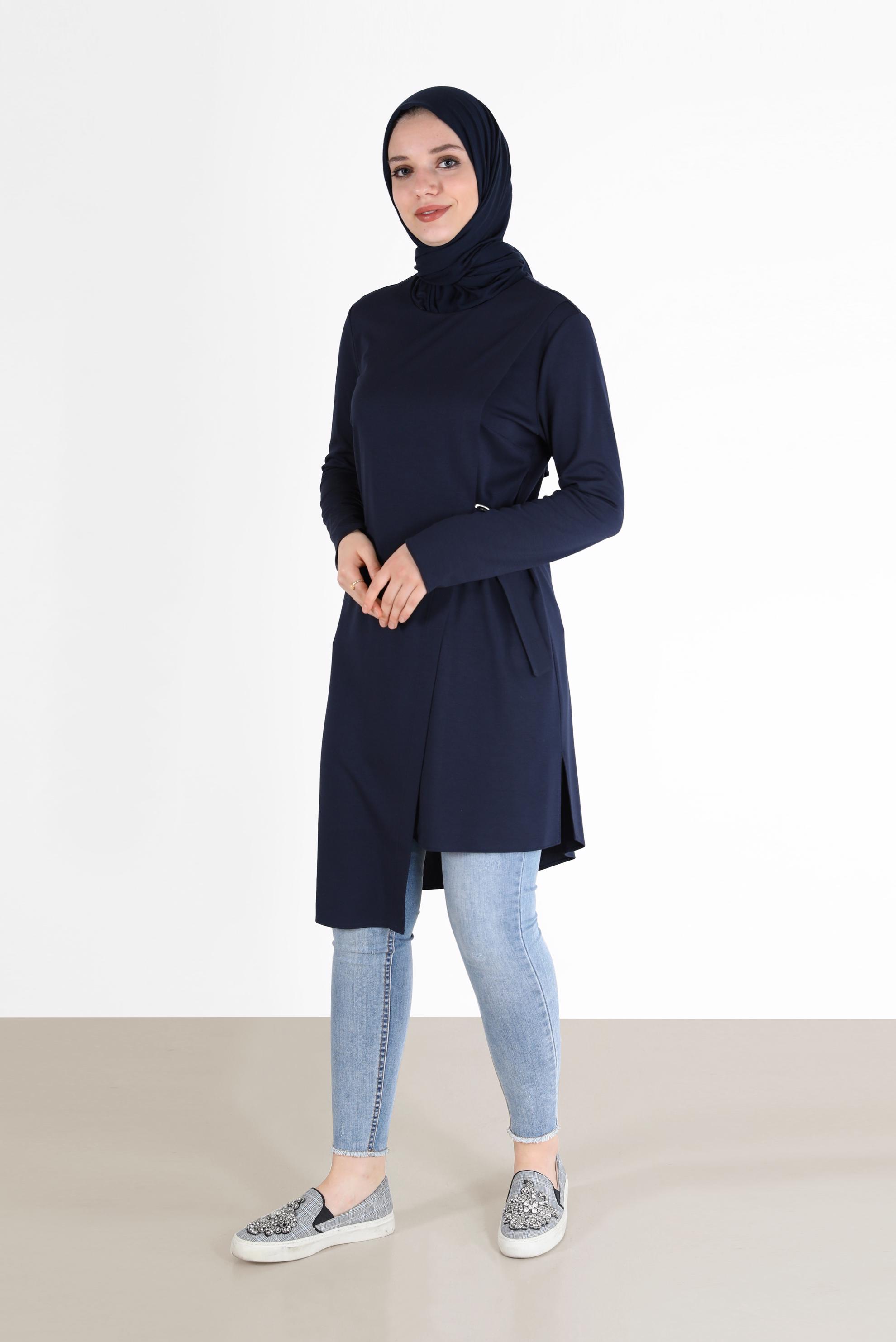 Tesettür giyim LACİVERT YANDAN BAĞLAMALI ASİMETRİK KESİM TUNİK 42421 