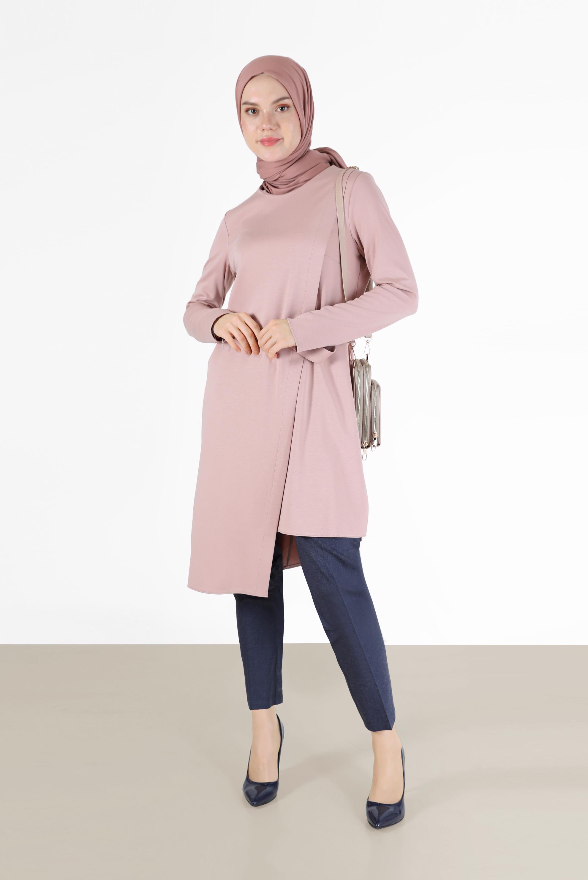 Tesettür giyim PUDRA YANDAN BAĞLAMALI ASİMETRİK KESİM TUNİK 42421 