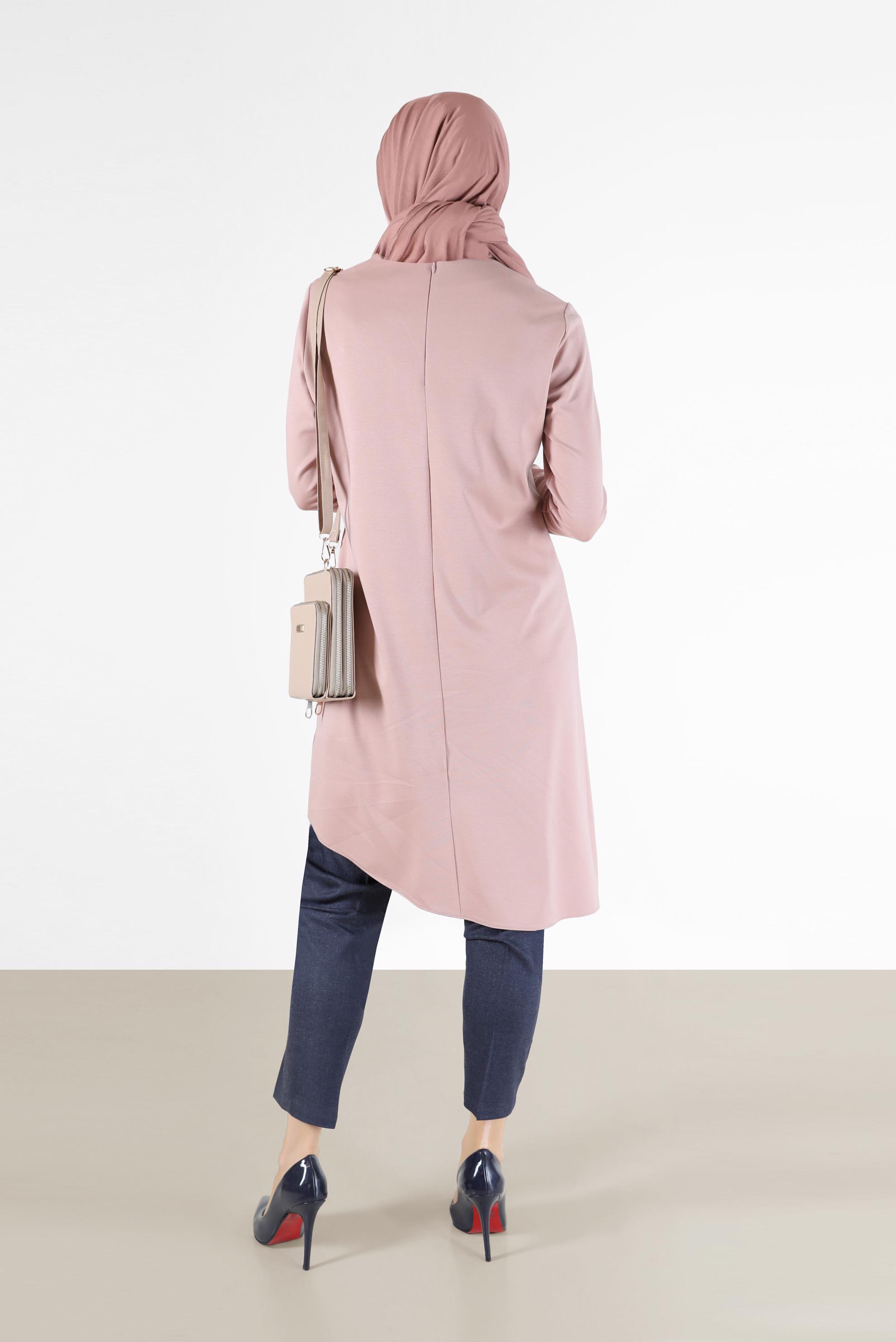 Tesettür giyim PUDRA YANDAN BAĞLAMALI ASİMETRİK KESİM TUNİK 42421 