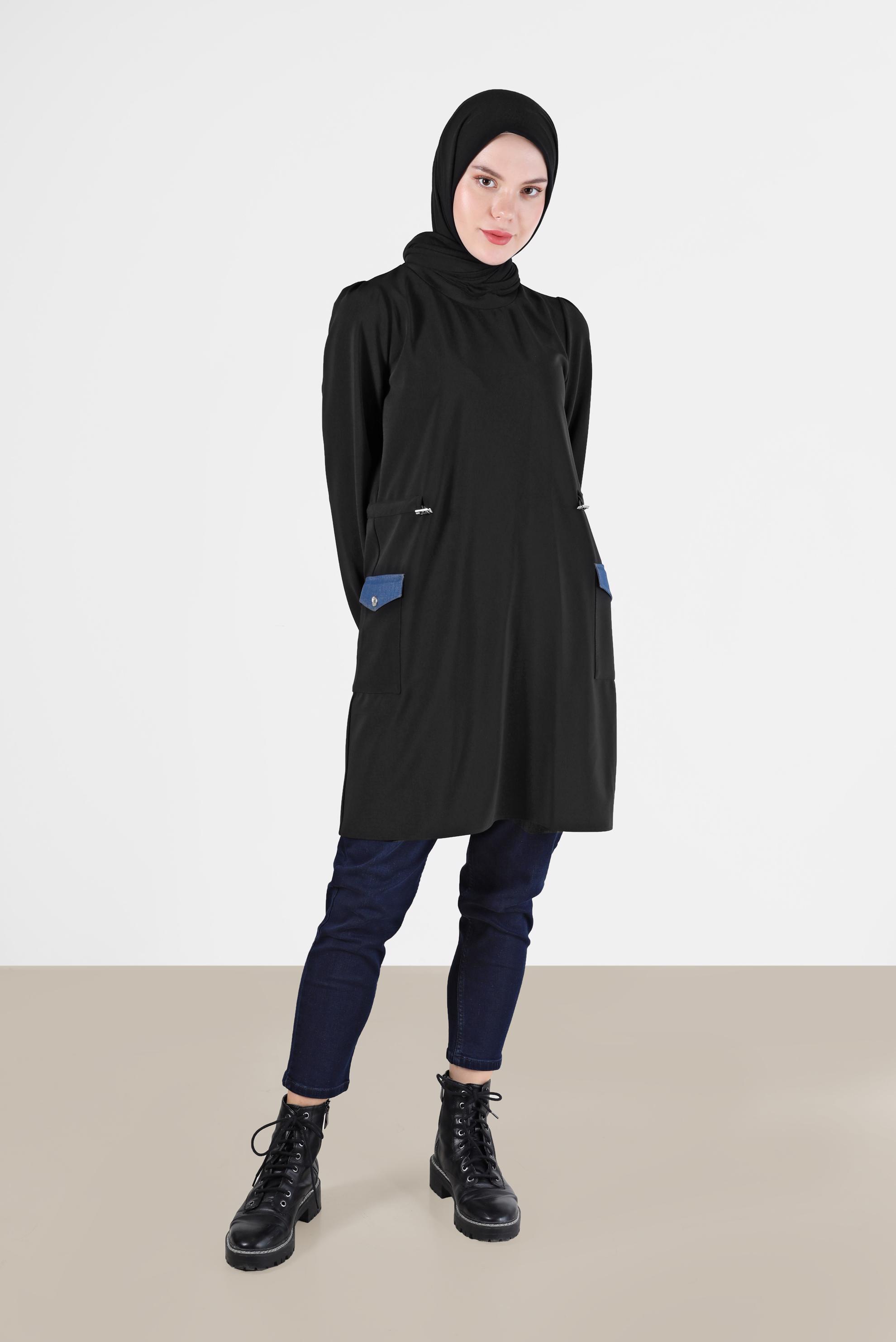 Tesettür giyim SİYAH BELİ BÜZGÜ DETAYLI MANŞETLERİ LASTİKLİ TUNİK 42423 