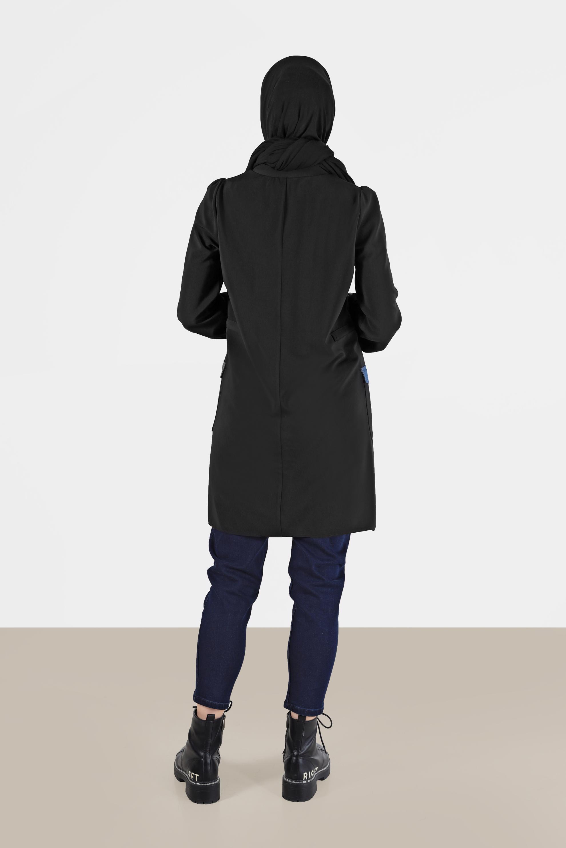 Tesettür giyim SİYAH BELİ BÜZGÜ DETAYLI MANŞETLERİ LASTİKLİ TUNİK 42423 