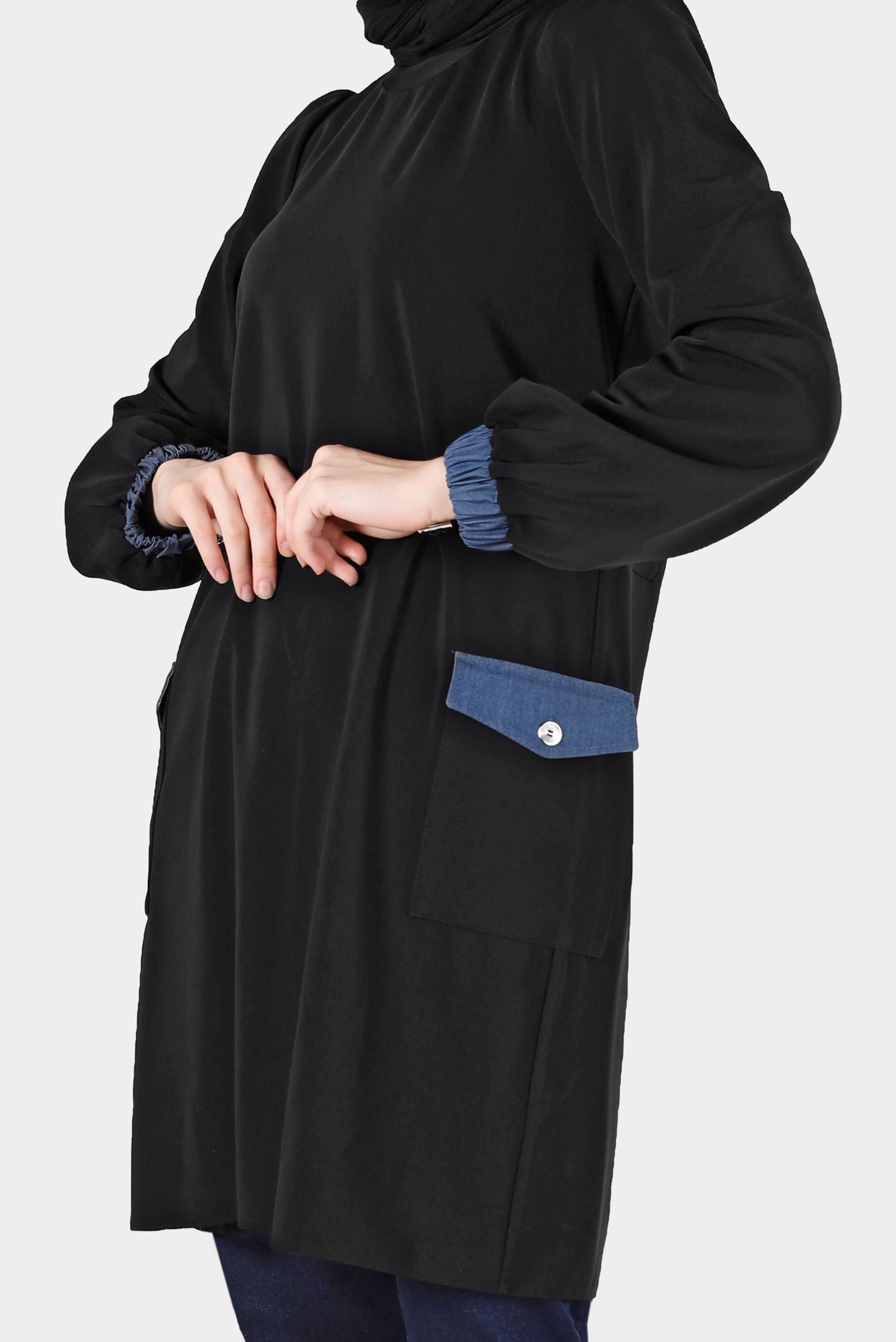 Tesettür giyim SİYAH BELİ BÜZGÜ DETAYLI MANŞETLERİ LASTİKLİ TUNİK 42423 