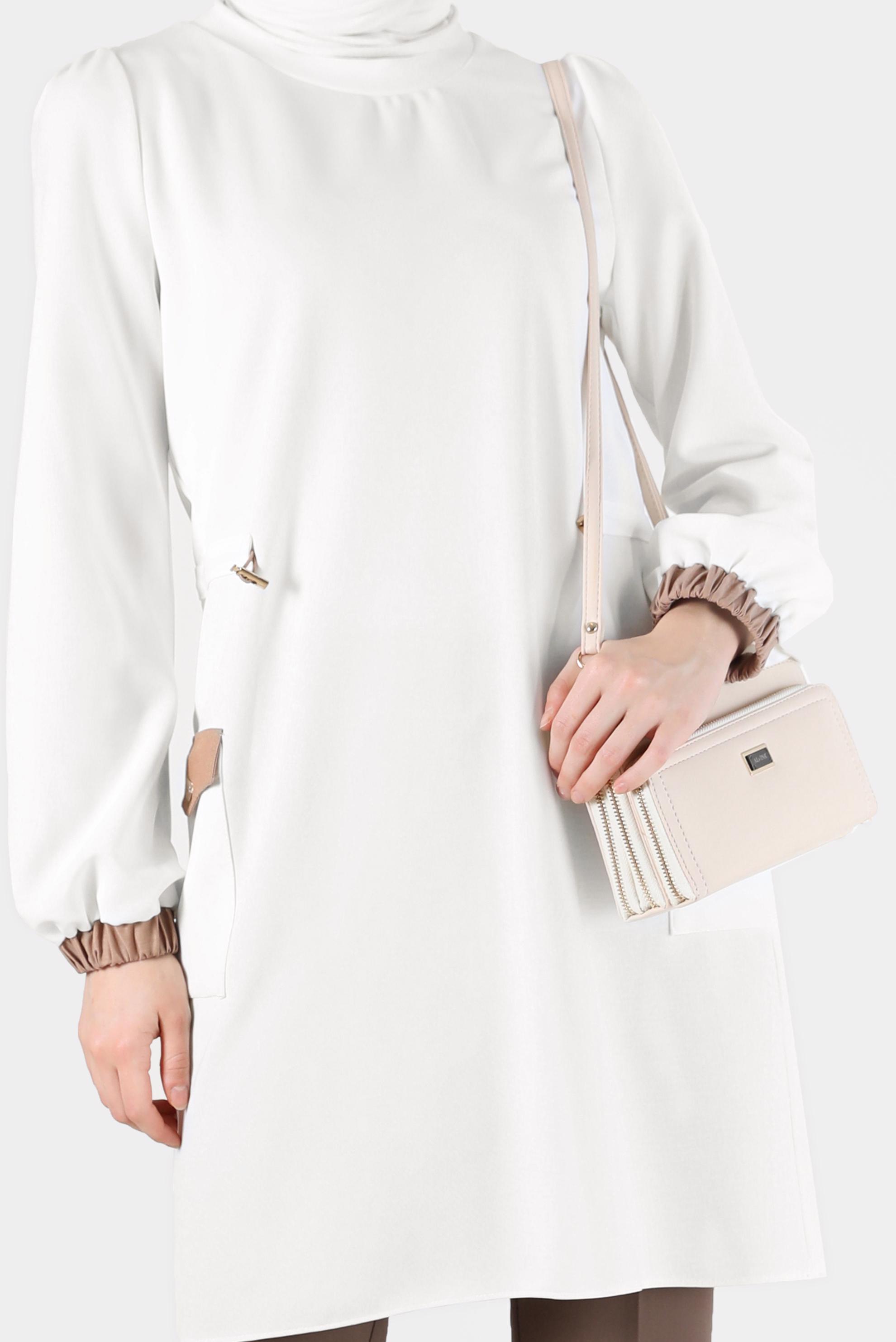 Tesettür giyim BEYAZ BELİ BÜZGÜ DETAYLI MANŞETLERİ LASTİKLİ TUNİK 42423 