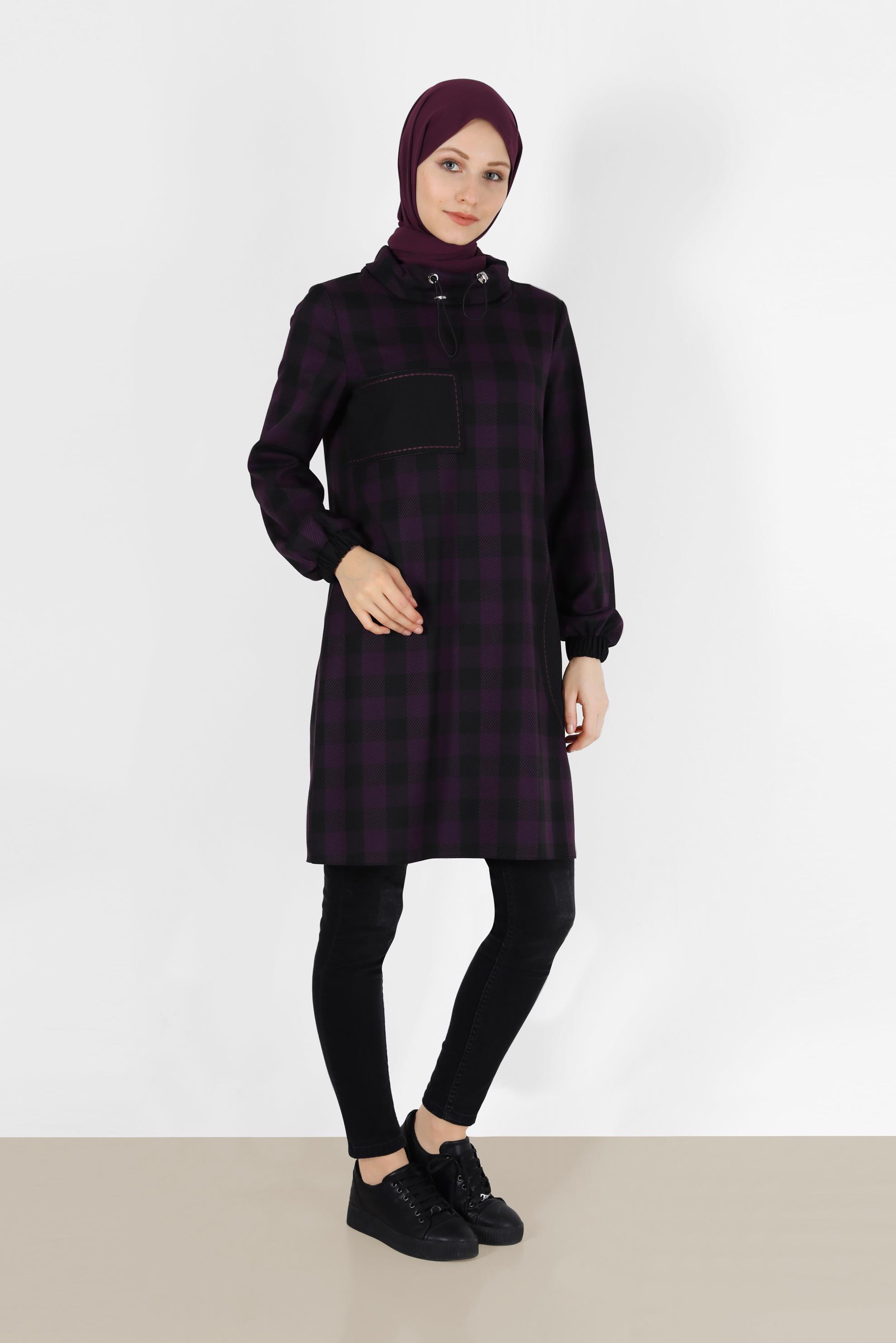 Tesettür giyim MOR GEOMETRİK ŞEKİL DETAYLI EKOSE TUNİK 42424