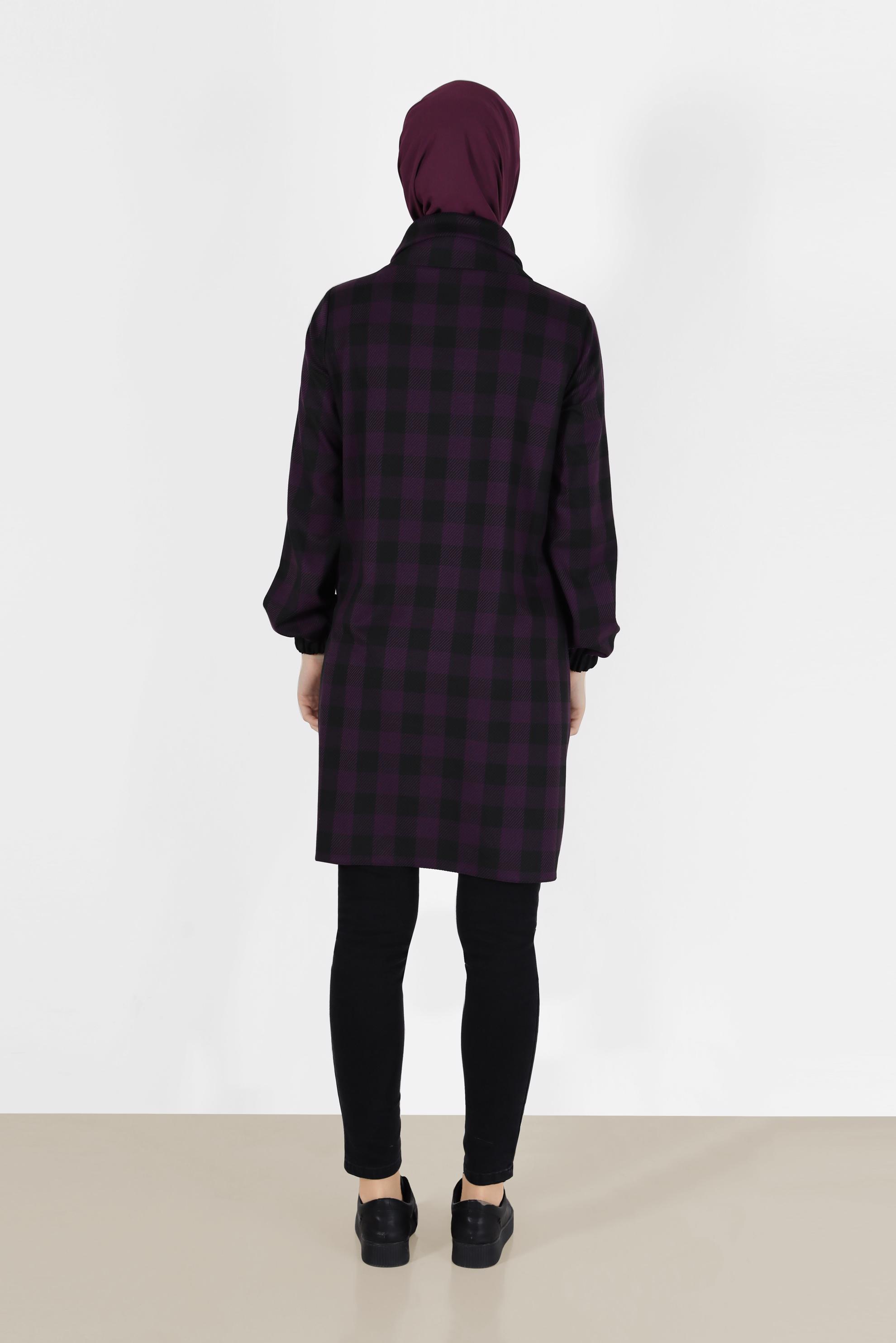 Tesettür giyim MOR GEOMETRİK ŞEKİL DETAYLI EKOSE TUNİK 42424