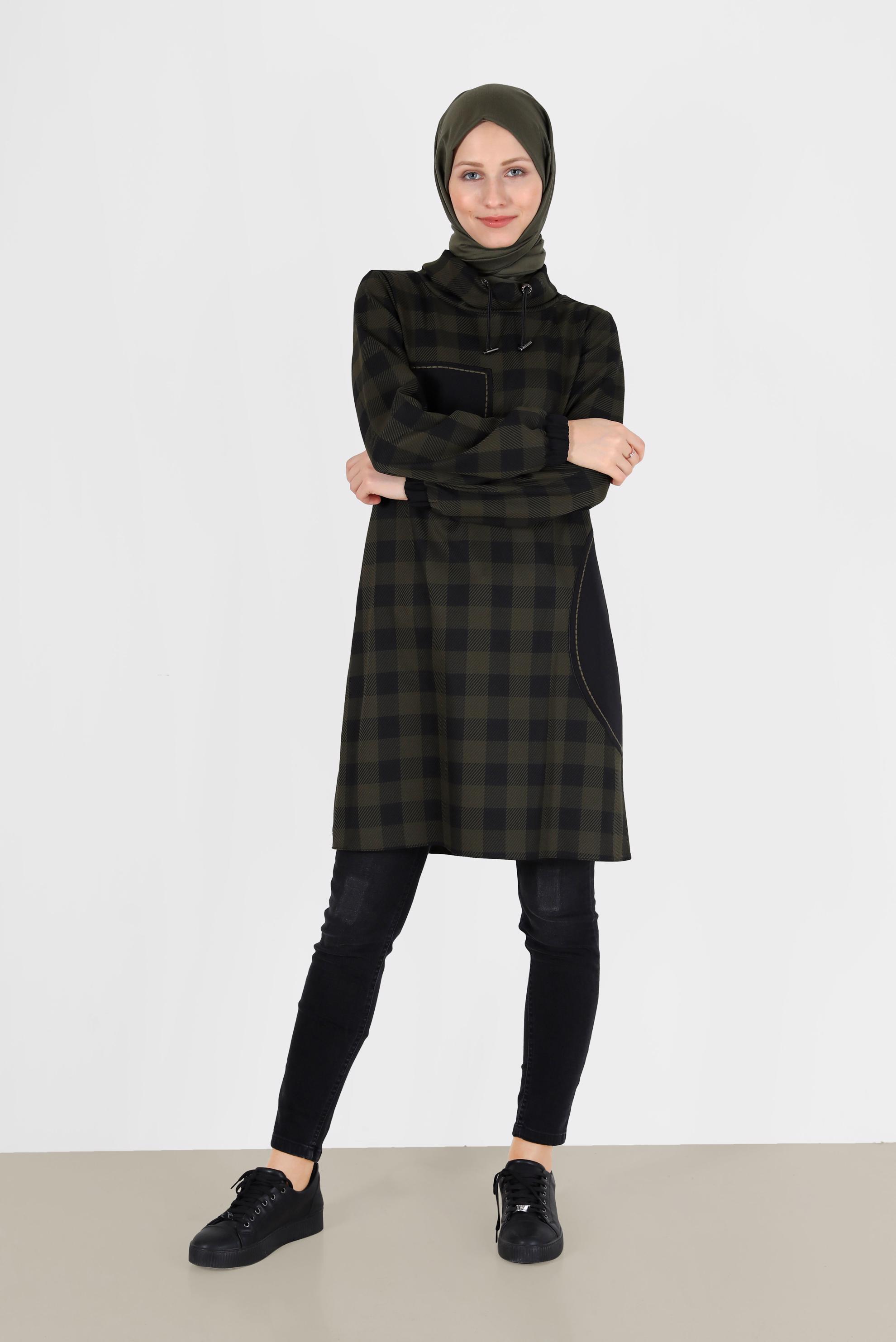 Tesettür giyim HAKİ GEOMETRİK ŞEKİL DETAYLI EKOSE TUNİK 42424