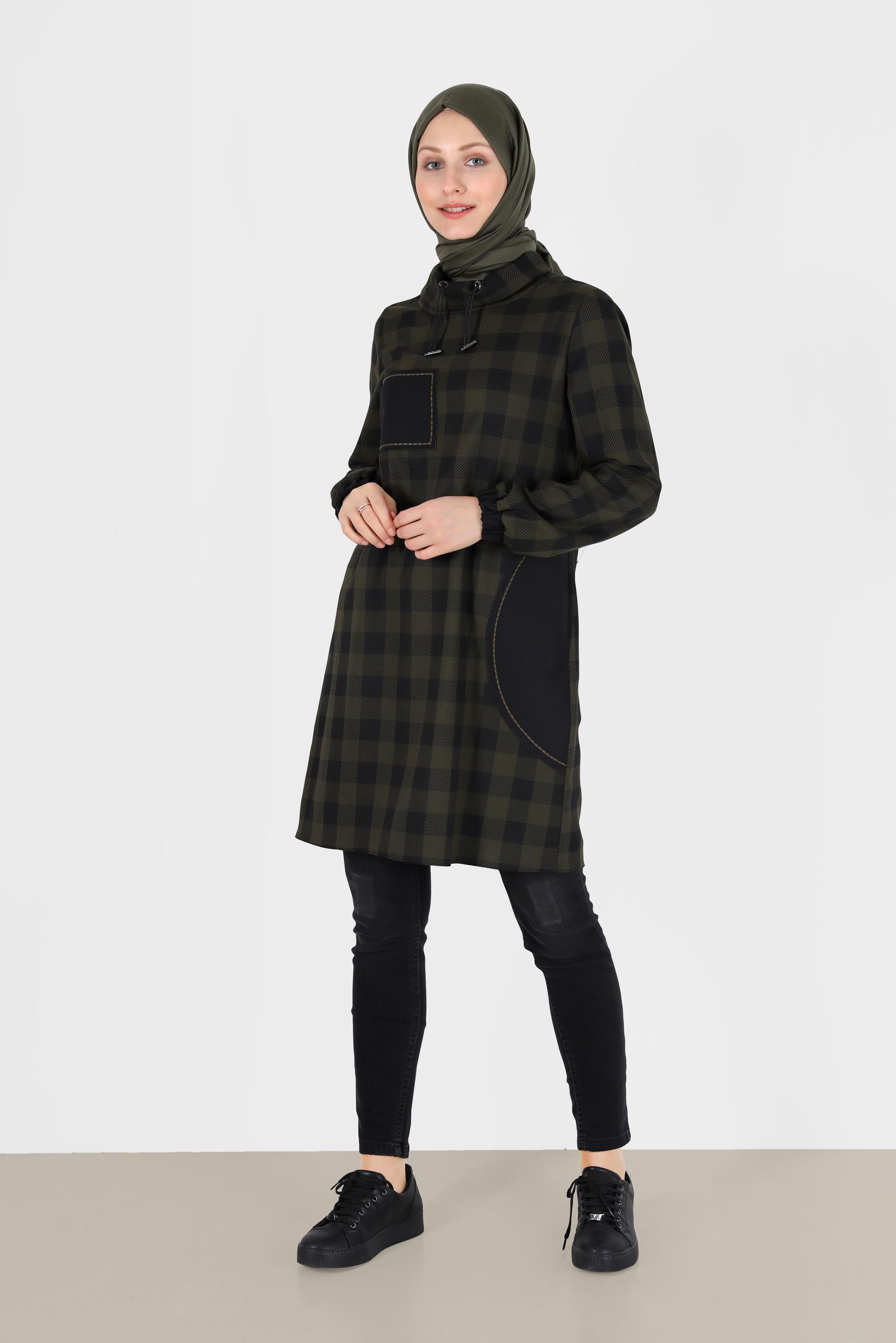 Tesettür giyim HAKİ GEOMETRİK ŞEKİL DETAYLI EKOSE TUNİK 42424