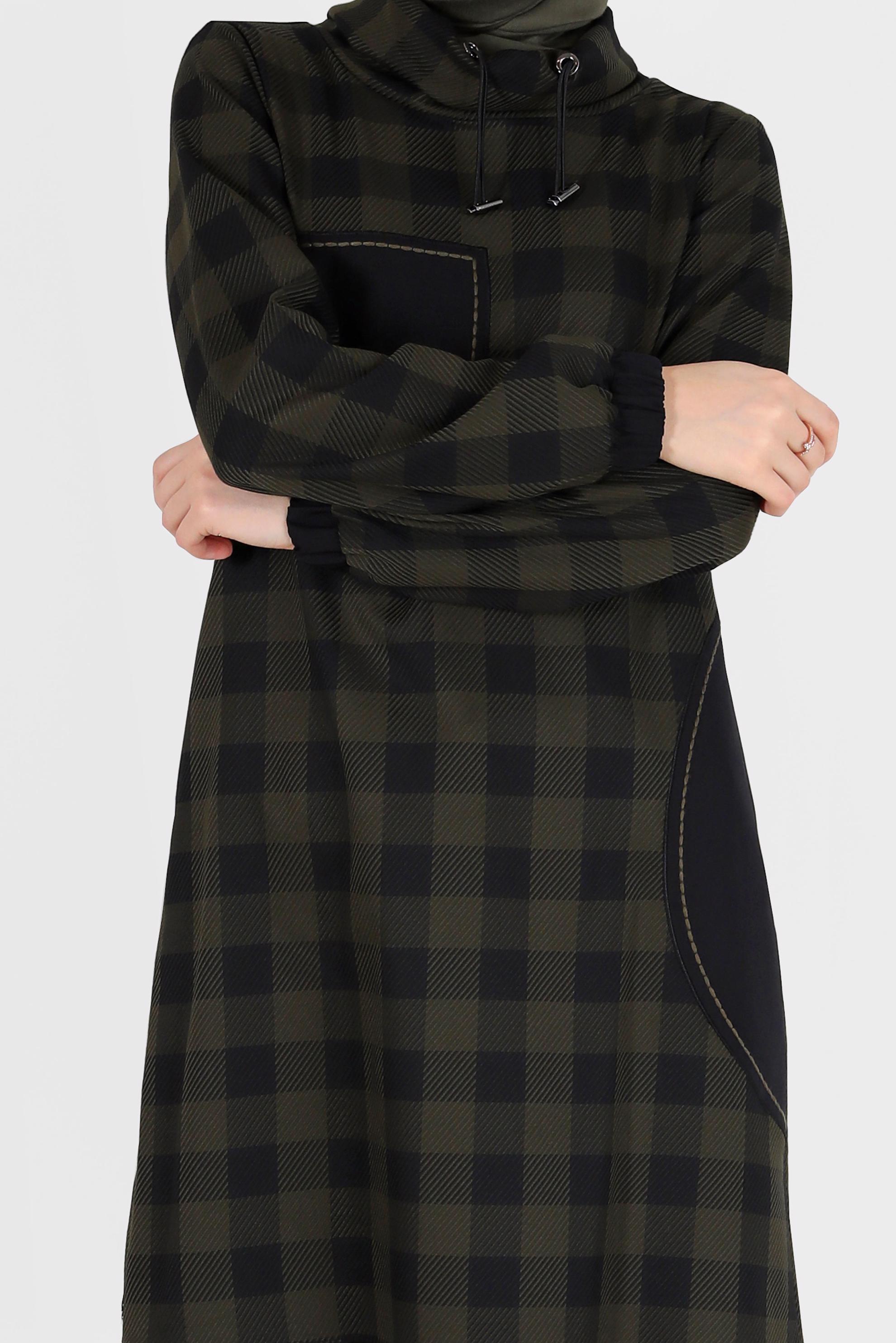 Tesettür giyim HAKİ GEOMETRİK ŞEKİL DETAYLI EKOSE TUNİK 42424