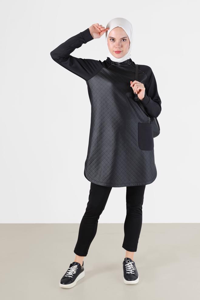 Tesettür giyim  DERİ KAPİTONE DETAYLI CEPLİ TUNİK 42427  - ALVİNA